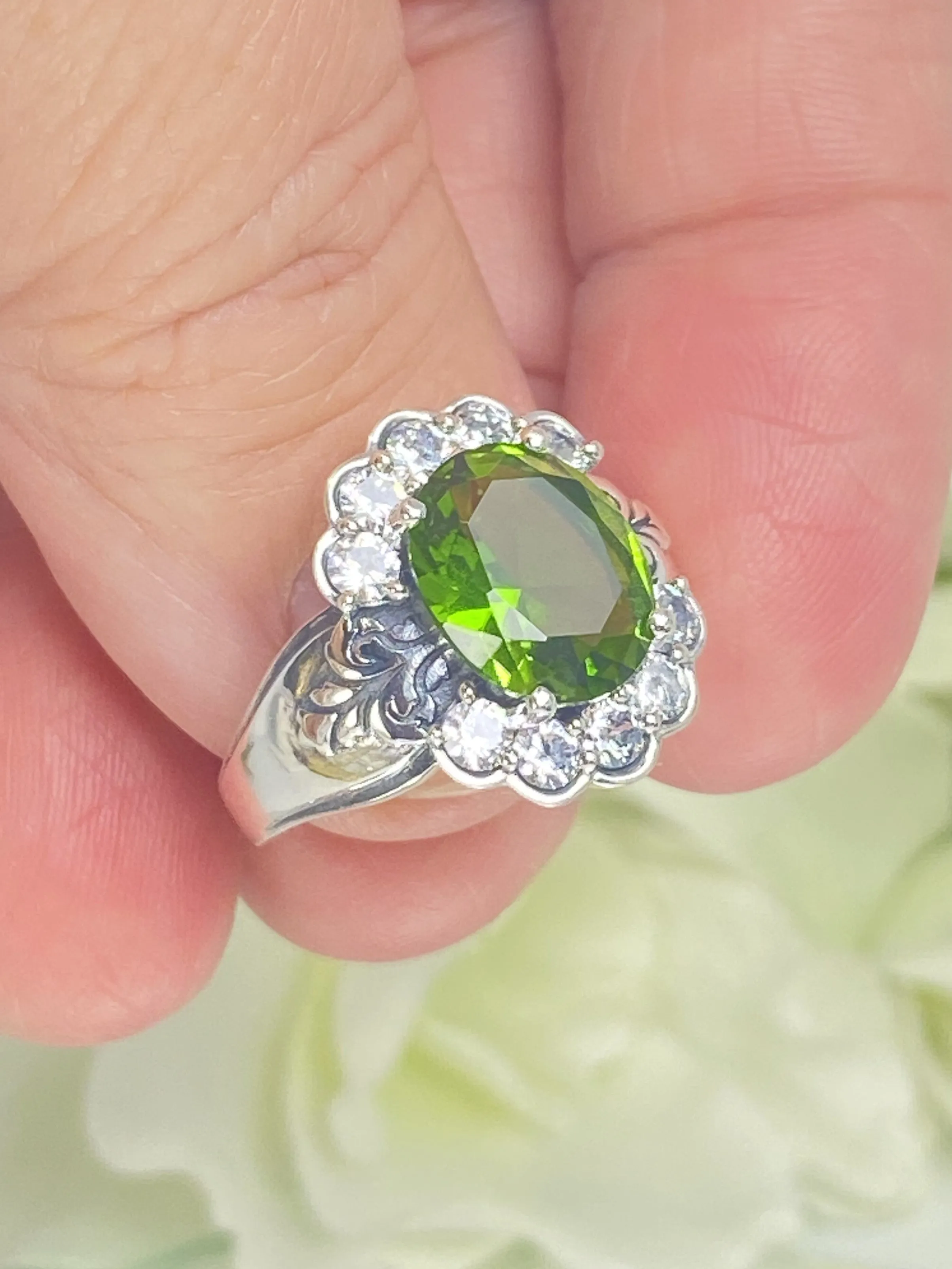 Peridot Ring, Size 6, Simulated Oval Gemstone with White CZ accents, Starburst Victorian Filigree, D419 - Ready to Ship