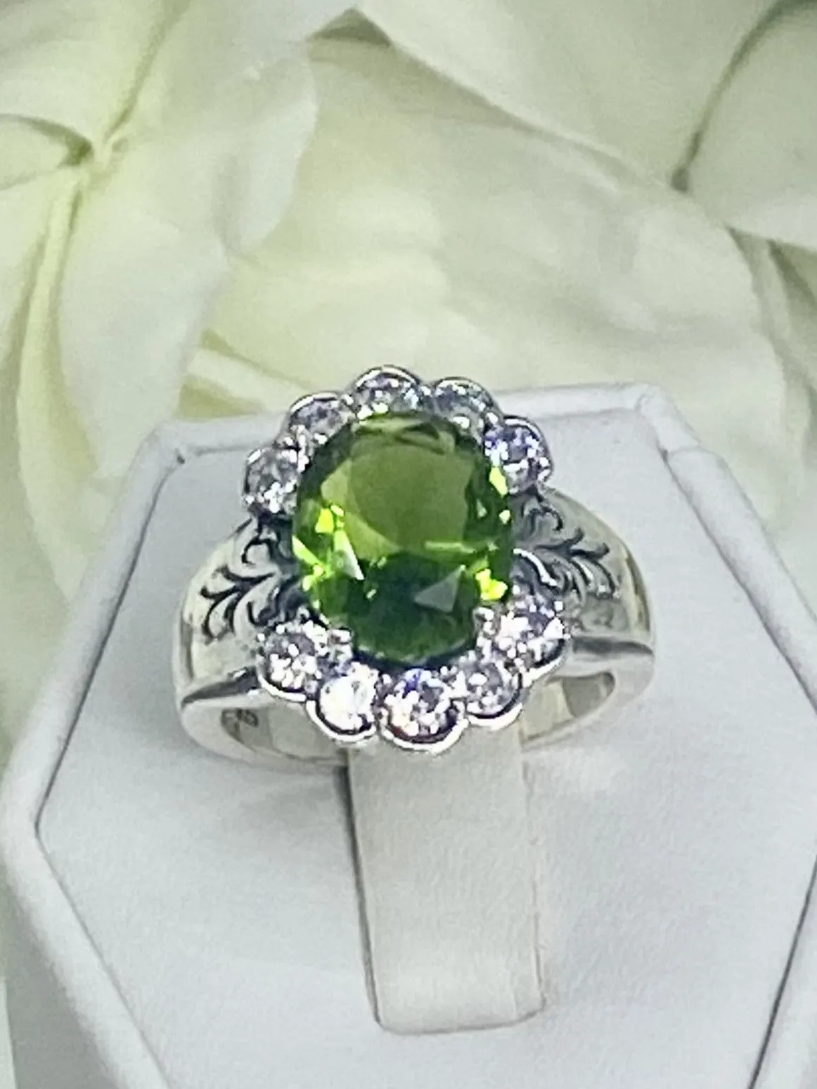 Peridot Ring, Size 6, Simulated Oval Gemstone with White CZ accents, Starburst Victorian Filigree, D419 - Ready to Ship