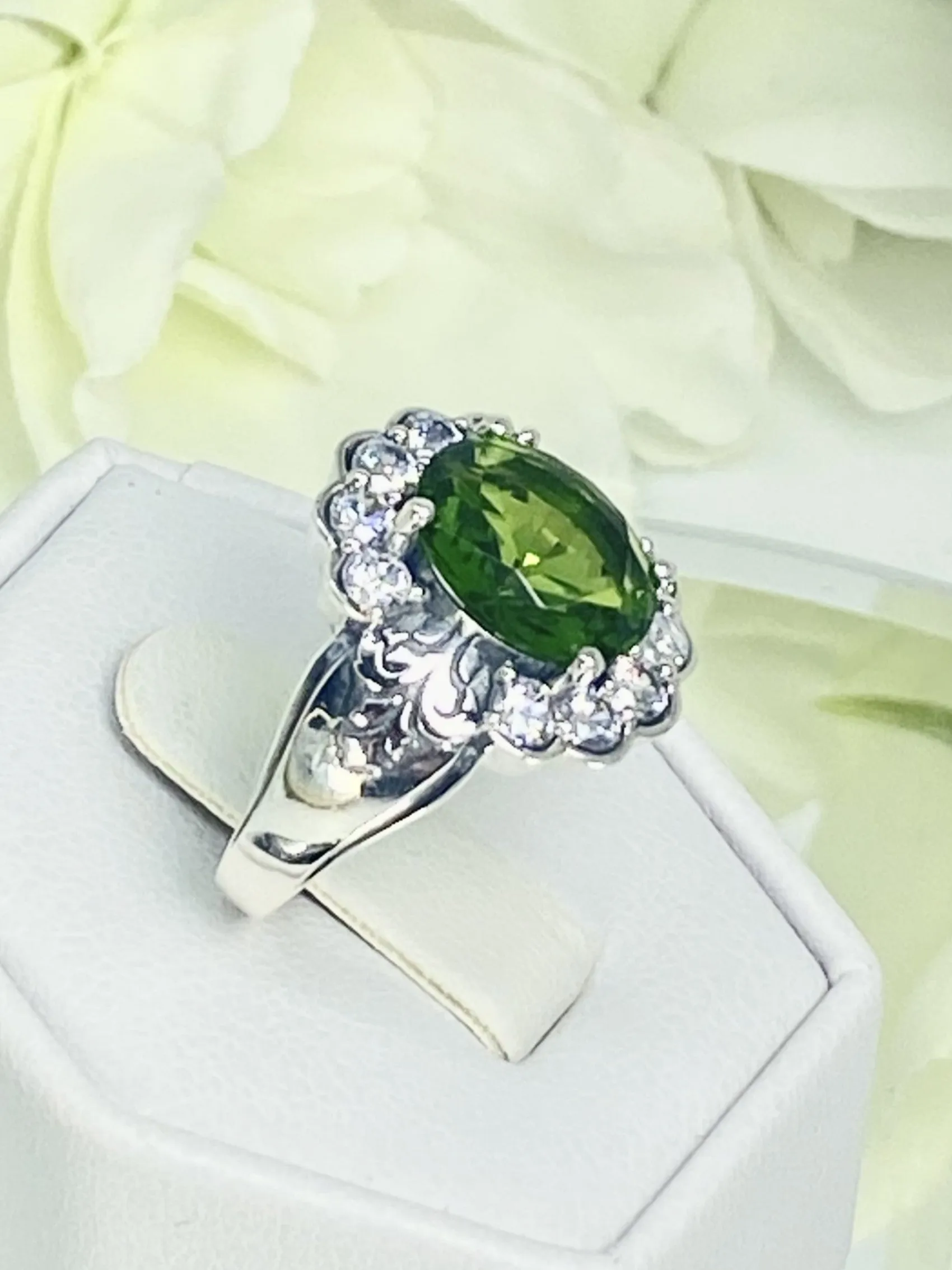 Peridot Ring, Size 6, Simulated Oval Gemstone with White CZ accents, Starburst Victorian Filigree, D419 - Ready to Ship