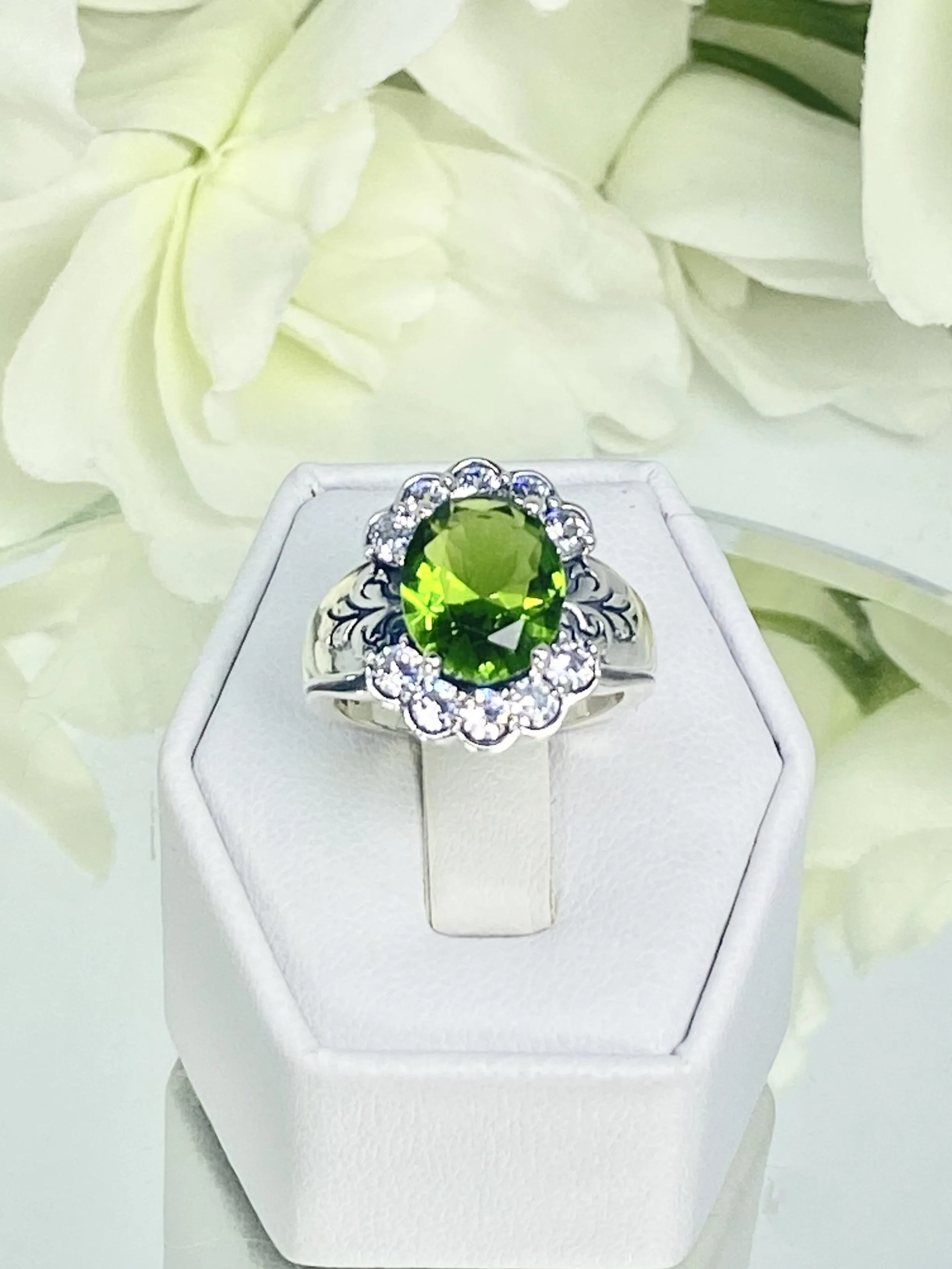 Peridot Ring, Size 6, Simulated Oval Gemstone with White CZ accents, Starburst Victorian Filigree, D419 - Ready to Ship