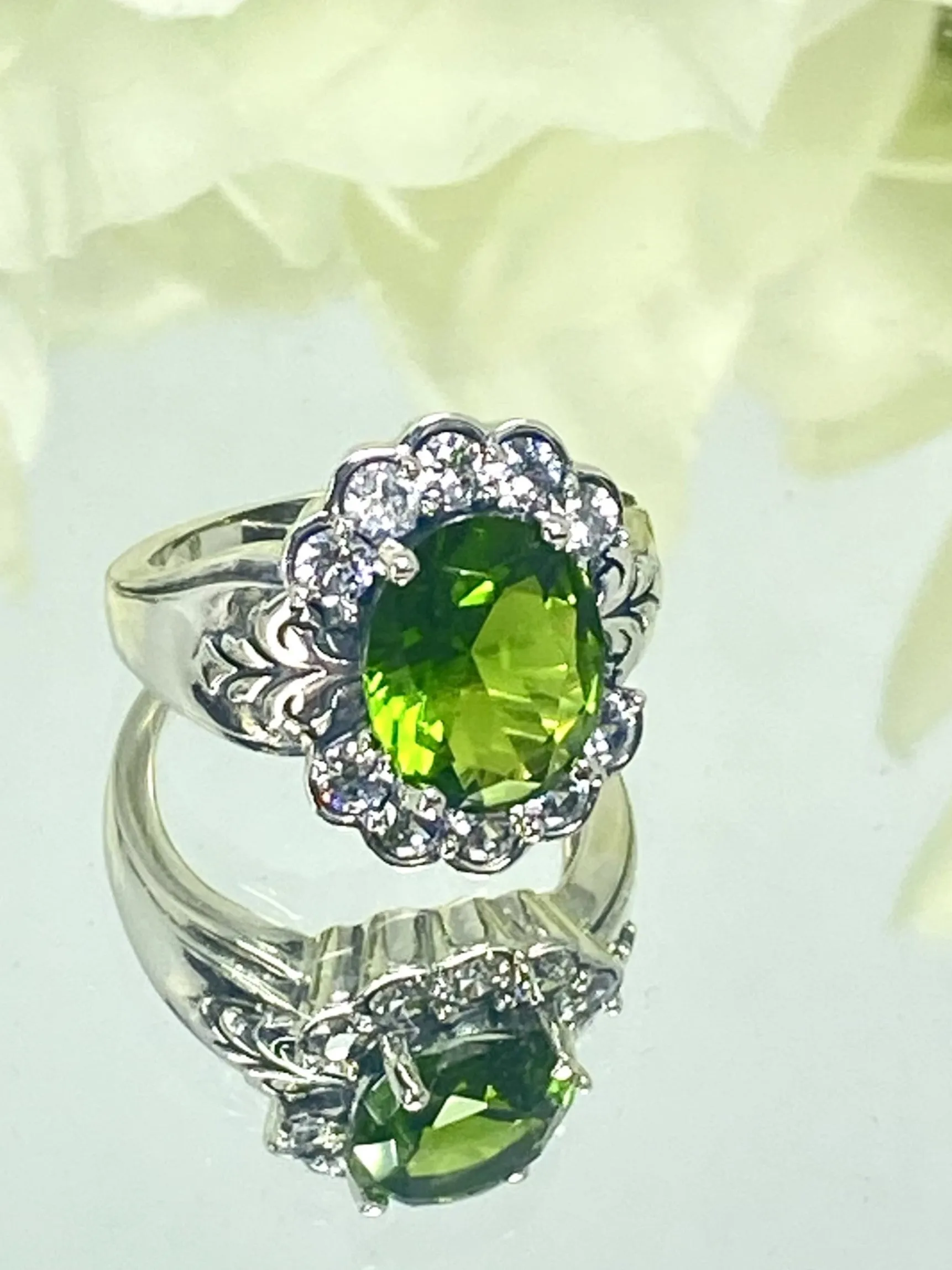 Peridot Ring, Size 6, Simulated Oval Gemstone with White CZ accents, Starburst Victorian Filigree, D419 - Ready to Ship