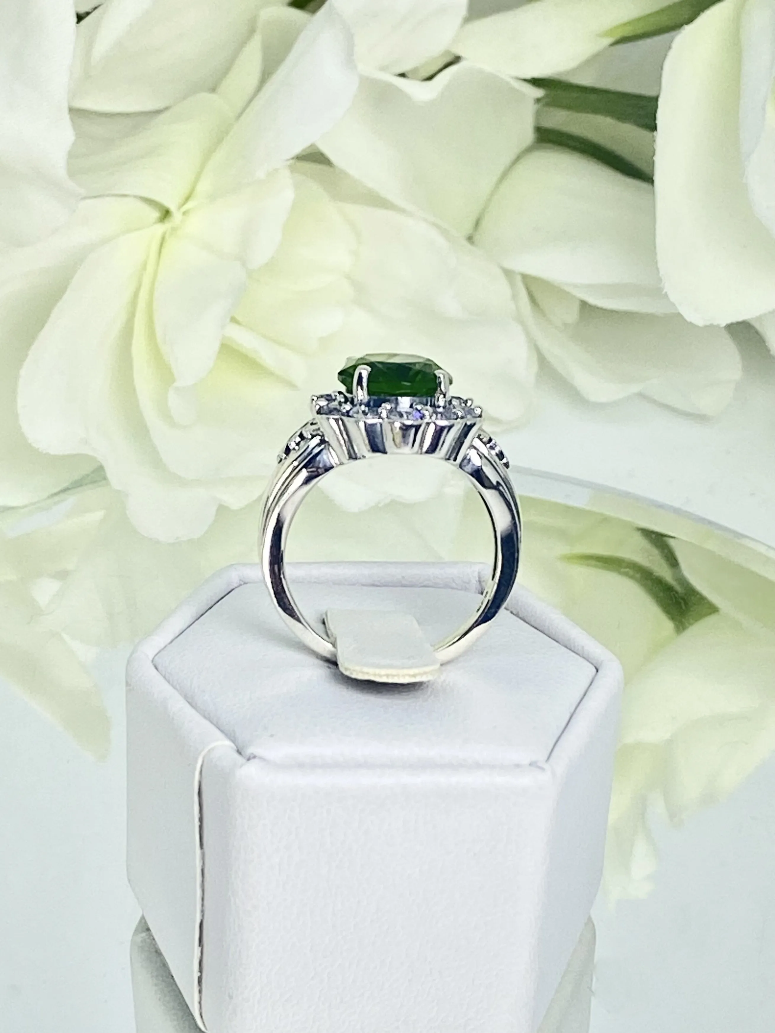 Peridot Ring, Size 6, Simulated Oval Gemstone with White CZ accents, Starburst Victorian Filigree, D419 - Ready to Ship