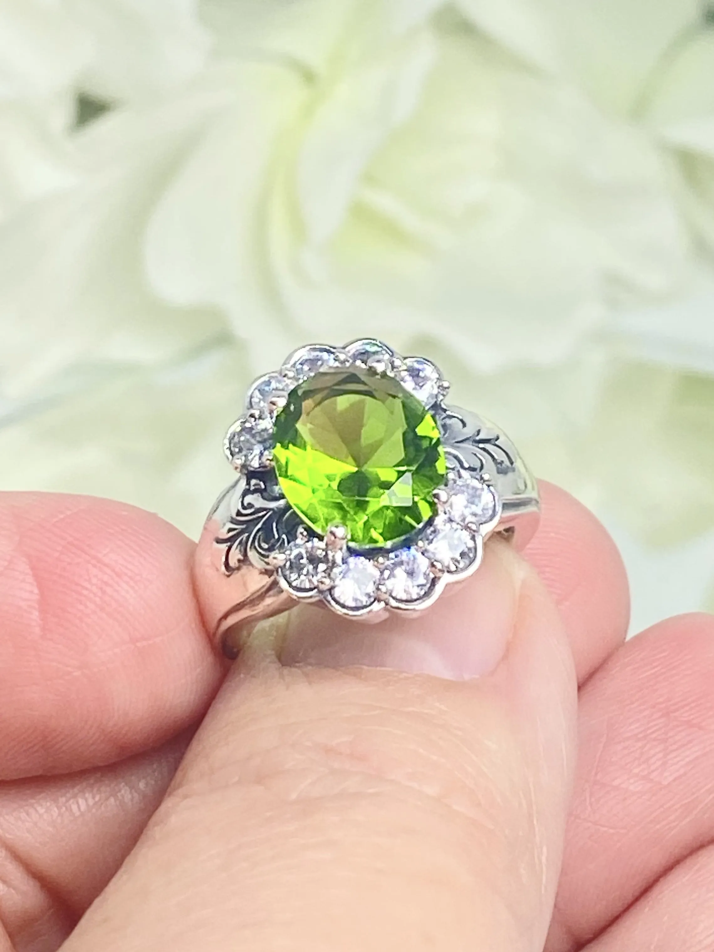Peridot Ring, Size 6, Simulated Oval Gemstone with White CZ accents, Starburst Victorian Filigree, D419 - Ready to Ship