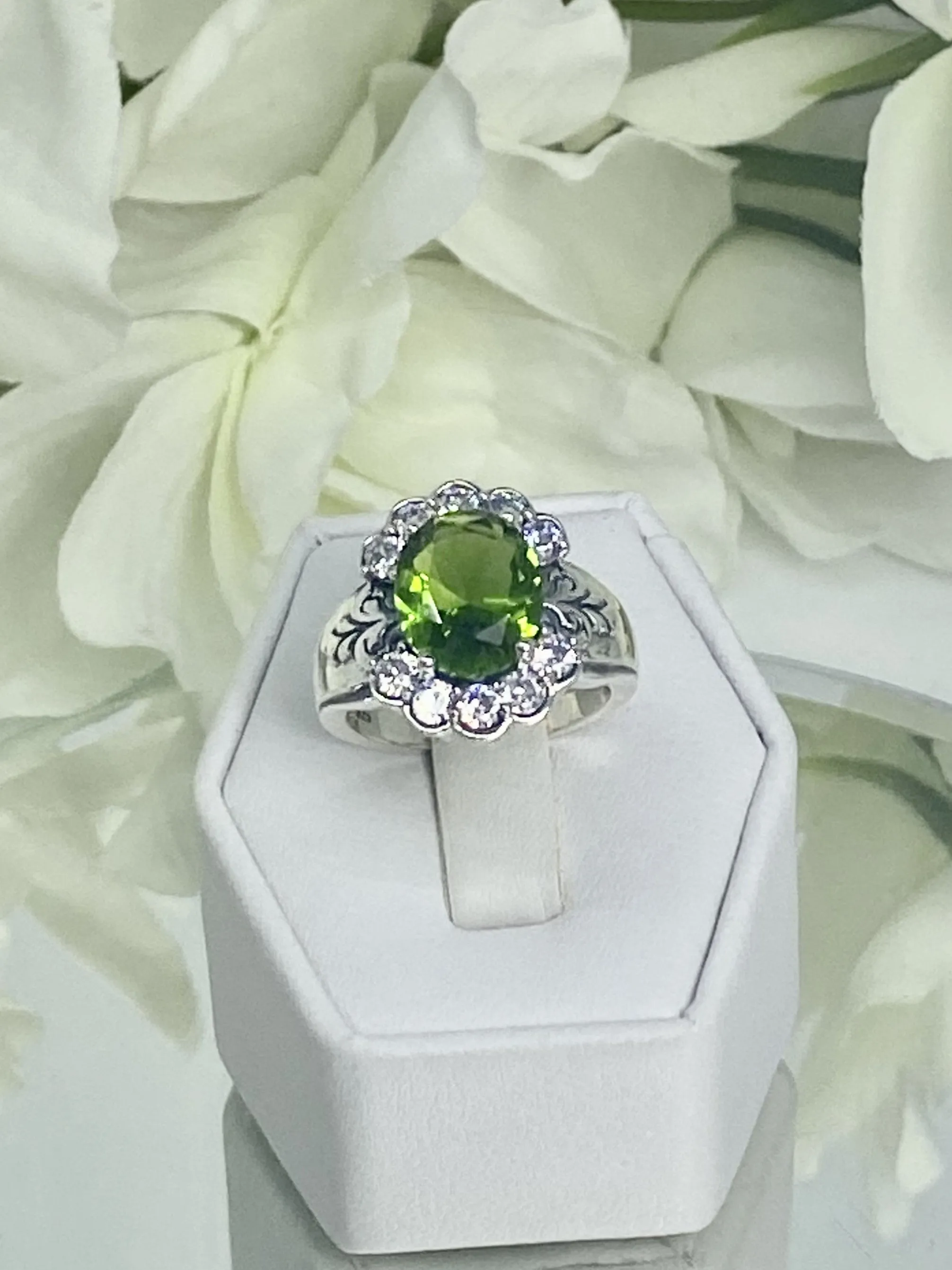Peridot Ring, Size 6, Simulated Oval Gemstone with White CZ accents, Starburst Victorian Filigree, D419 - Ready to Ship