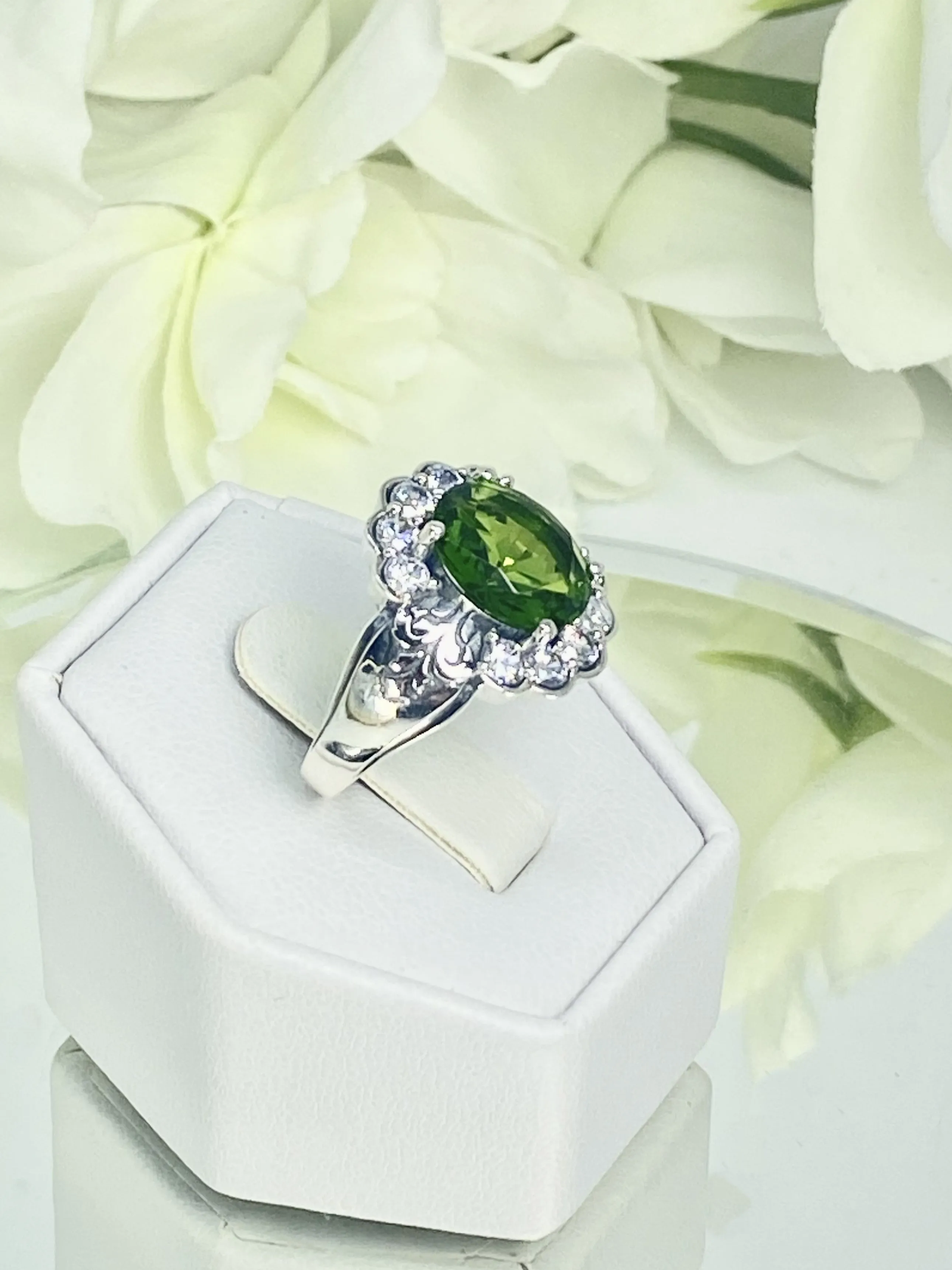 Peridot Ring, Size 6, Simulated Oval Gemstone with White CZ accents, Starburst Victorian Filigree, D419 - Ready to Ship