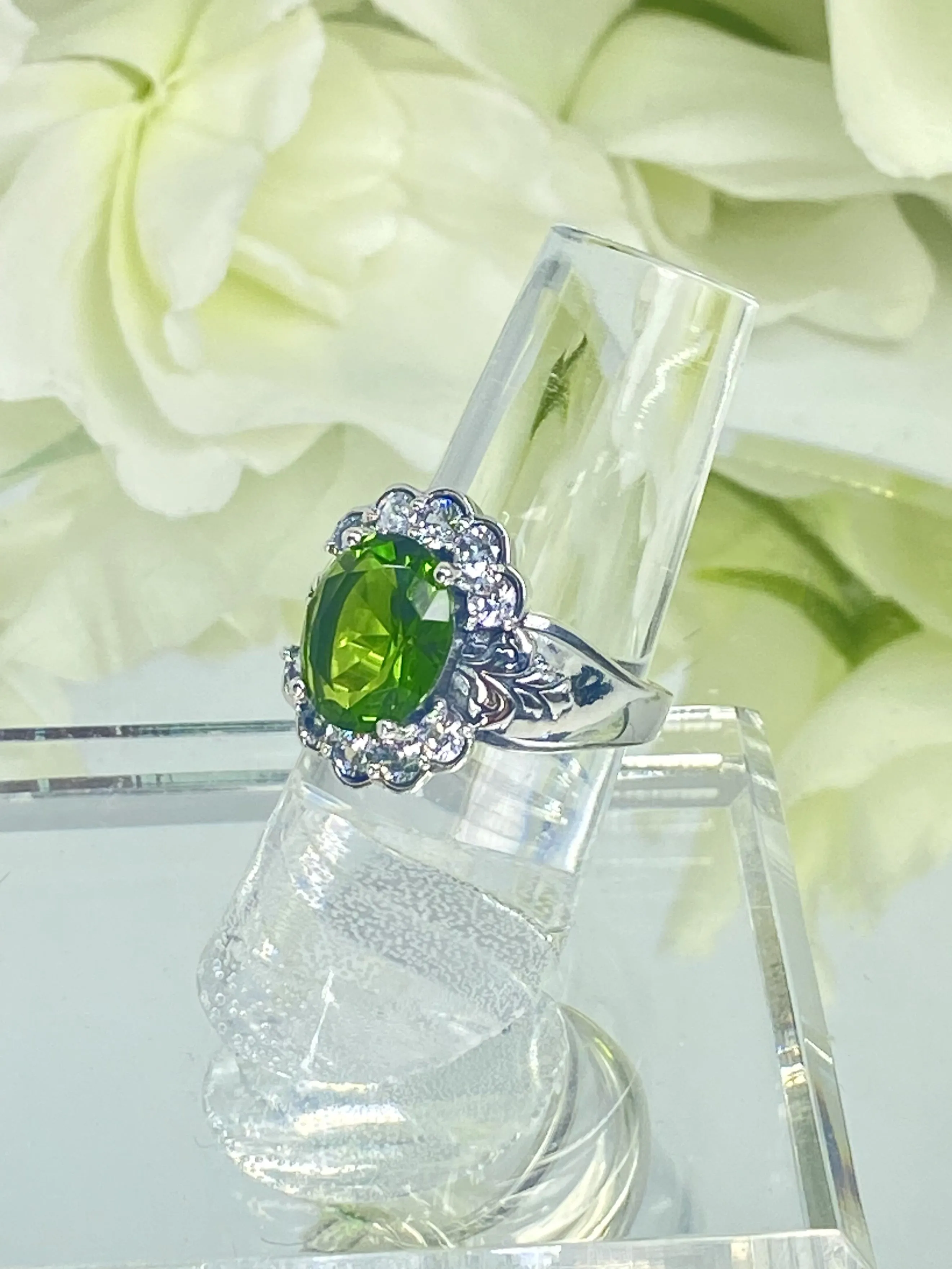 Peridot Ring, Size 6, Simulated Oval Gemstone with White CZ accents, Starburst Victorian Filigree, D419 - Ready to Ship