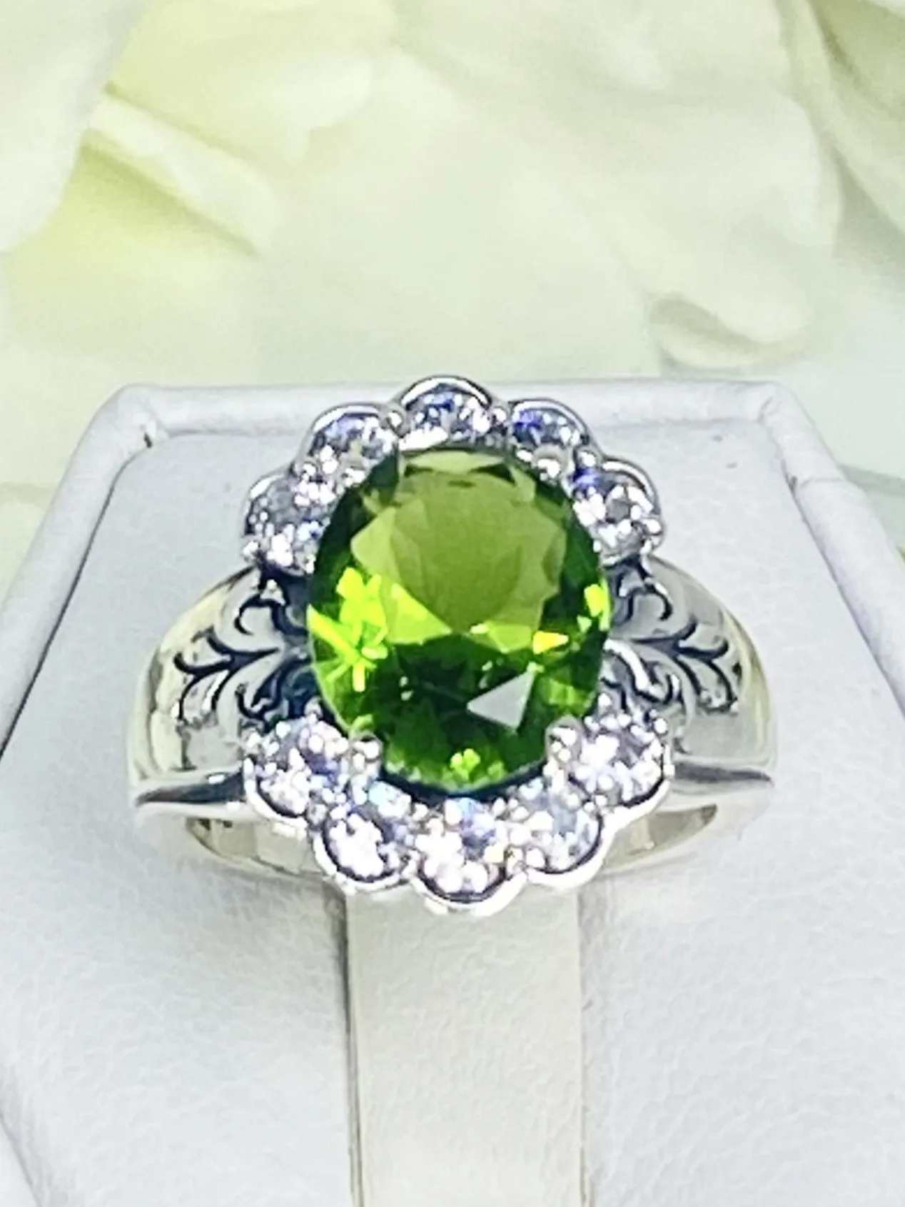Peridot Ring, Size 6, Simulated Oval Gemstone with White CZ accents, Starburst Victorian Filigree, D419 - Ready to Ship