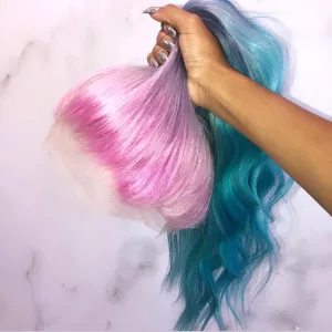 Peruvian Hair Pink Blue Ombre Color Fashion Lace Front Wig