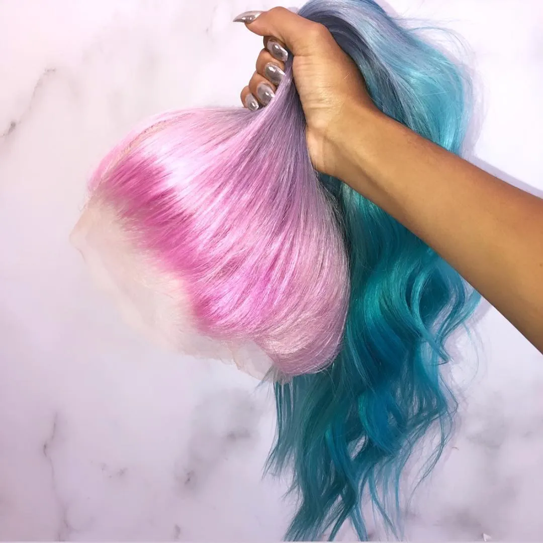 Peruvian Hair Pink Blue Ombre Color Fashion Lace Front Wig