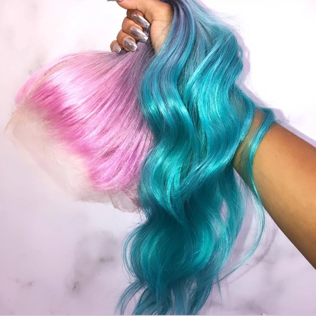 Peruvian Hair Pink Blue Ombre Color Fashion Lace Front Wig