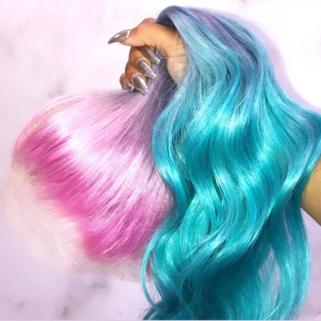 Peruvian Hair Pink Blue Ombre Color Fashion Lace Front Wig