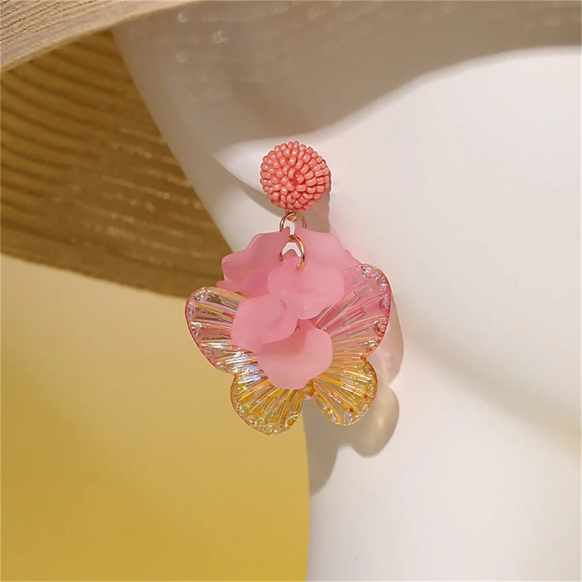 Pink Howlite & Acrylic 18K Gold-Plated Petals & Butterflies Drop Earrings