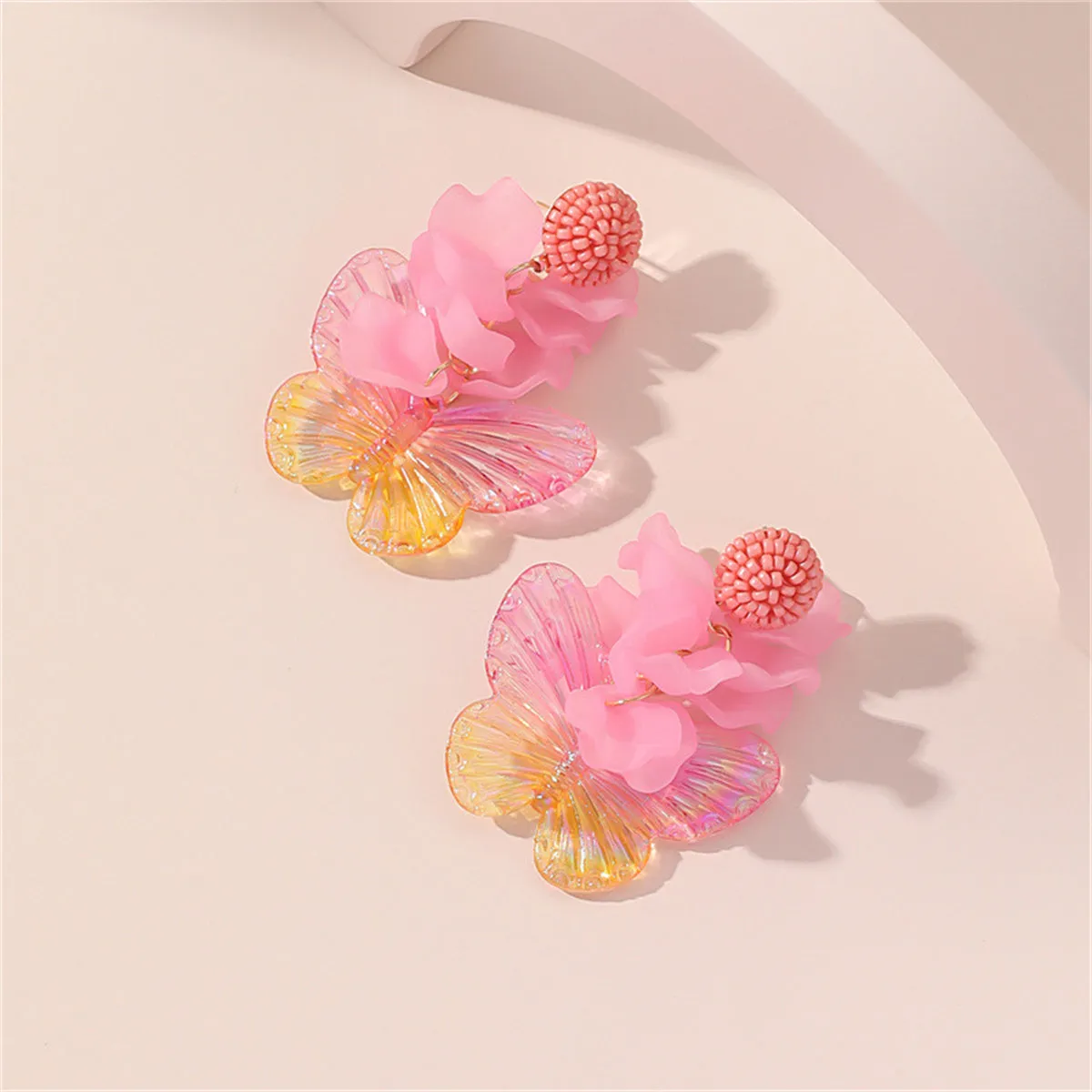 Pink Howlite & Acrylic 18K Gold-Plated Petals & Butterflies Drop Earrings