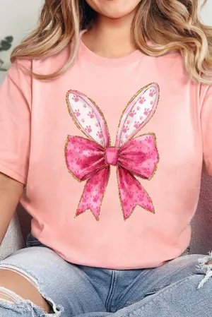 Pink Paw Printed Bow Bunny Easter Day Fashion T Shirt