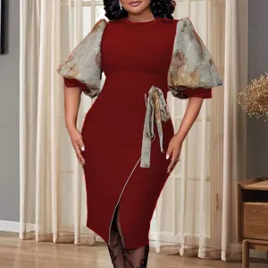 Printed Lantern Sleeve Belted Midi Dress
