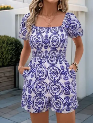 Printed Puff Sleeve Romper