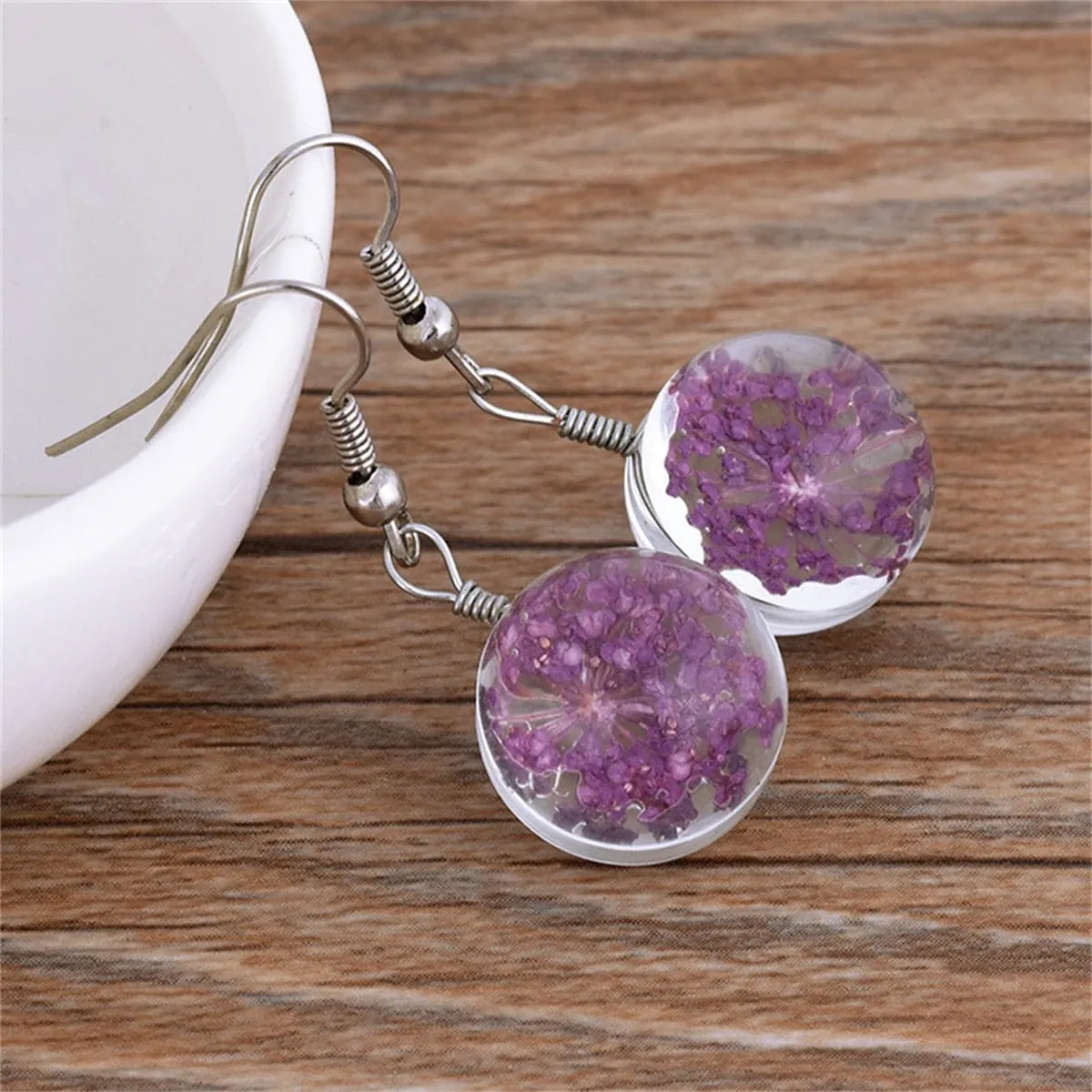 Purple Gypsophila & Silver-Plated Drop Earrings