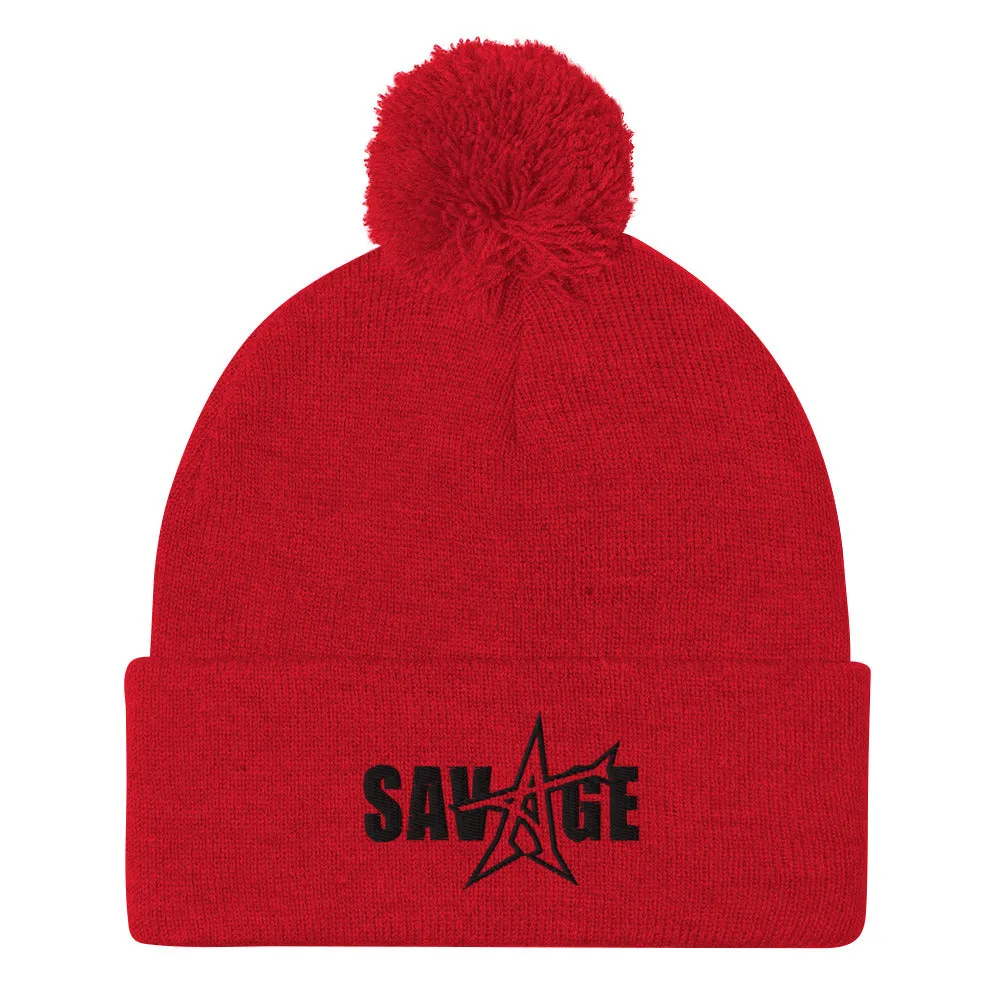 "SAVAGE" Pom-Pom Beanie (black stitch)
