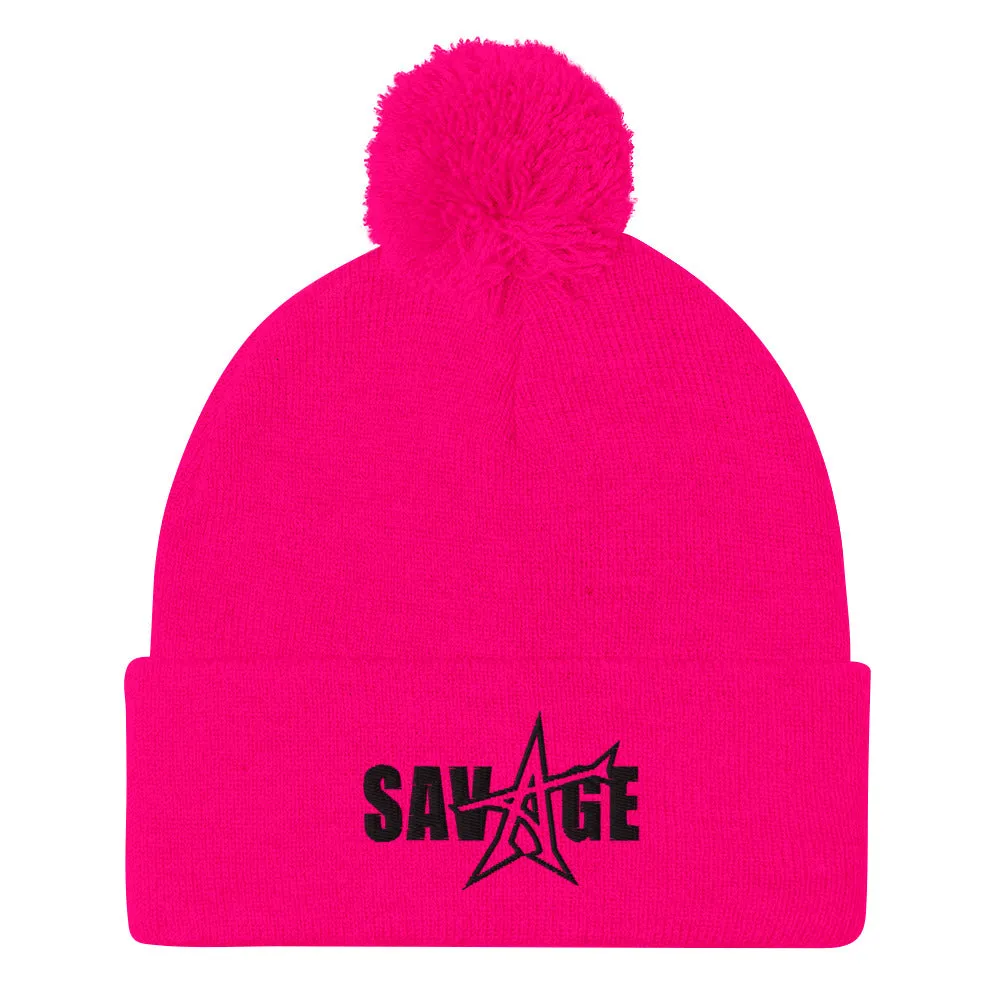 "SAVAGE" Pom-Pom Beanie (black stitch)