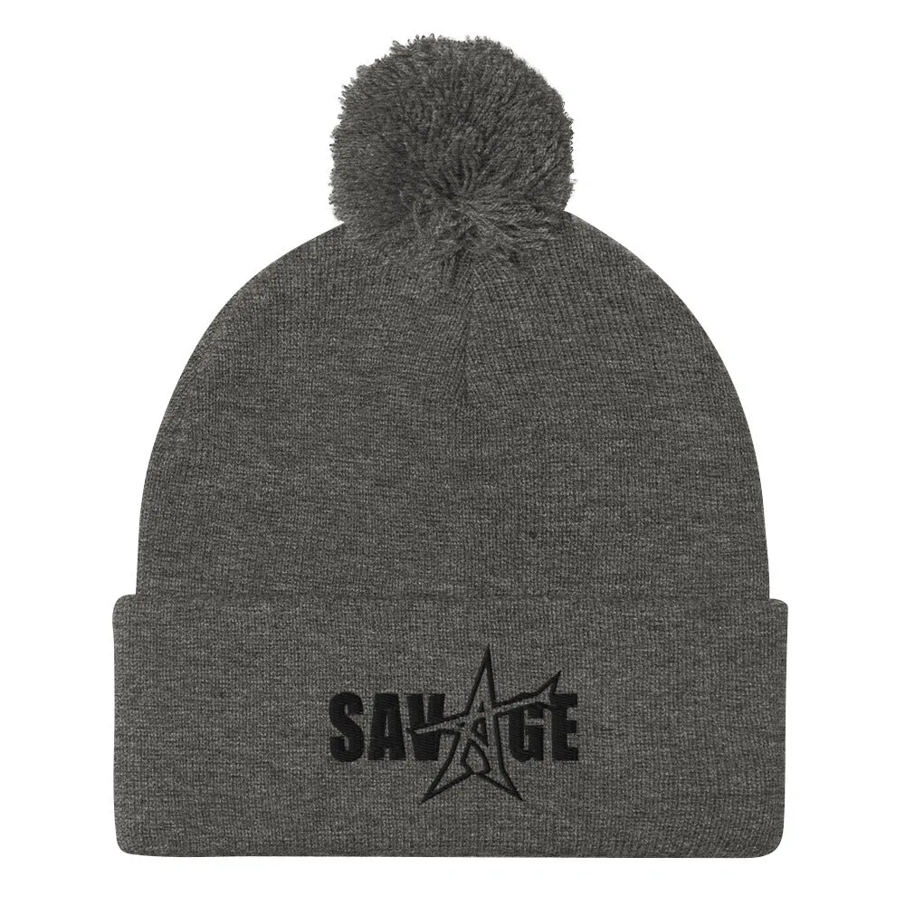 "SAVAGE" Pom-Pom Beanie (black stitch)