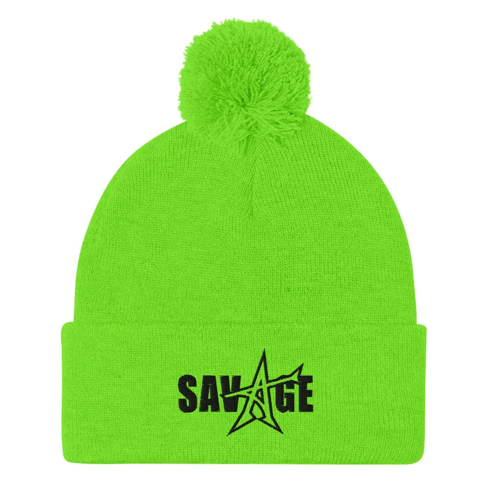 "SAVAGE" Pom-Pom Beanie (black stitch)