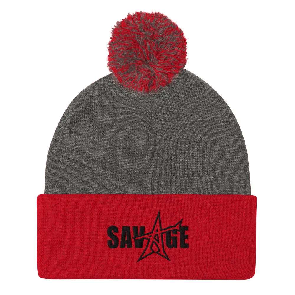 "SAVAGE" Pom-Pom Beanie (black stitch)