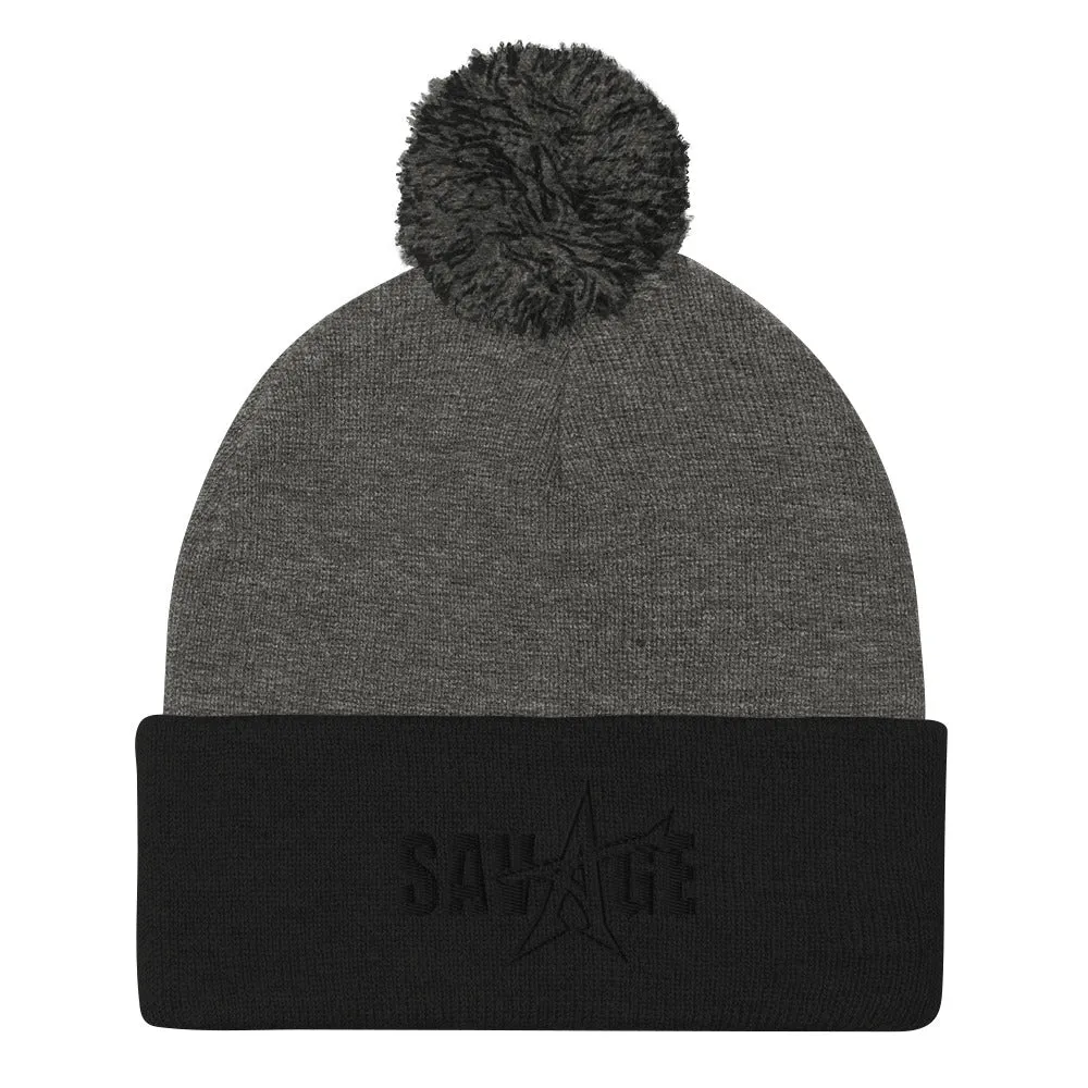 "SAVAGE" Pom-Pom Beanie (black stitch)