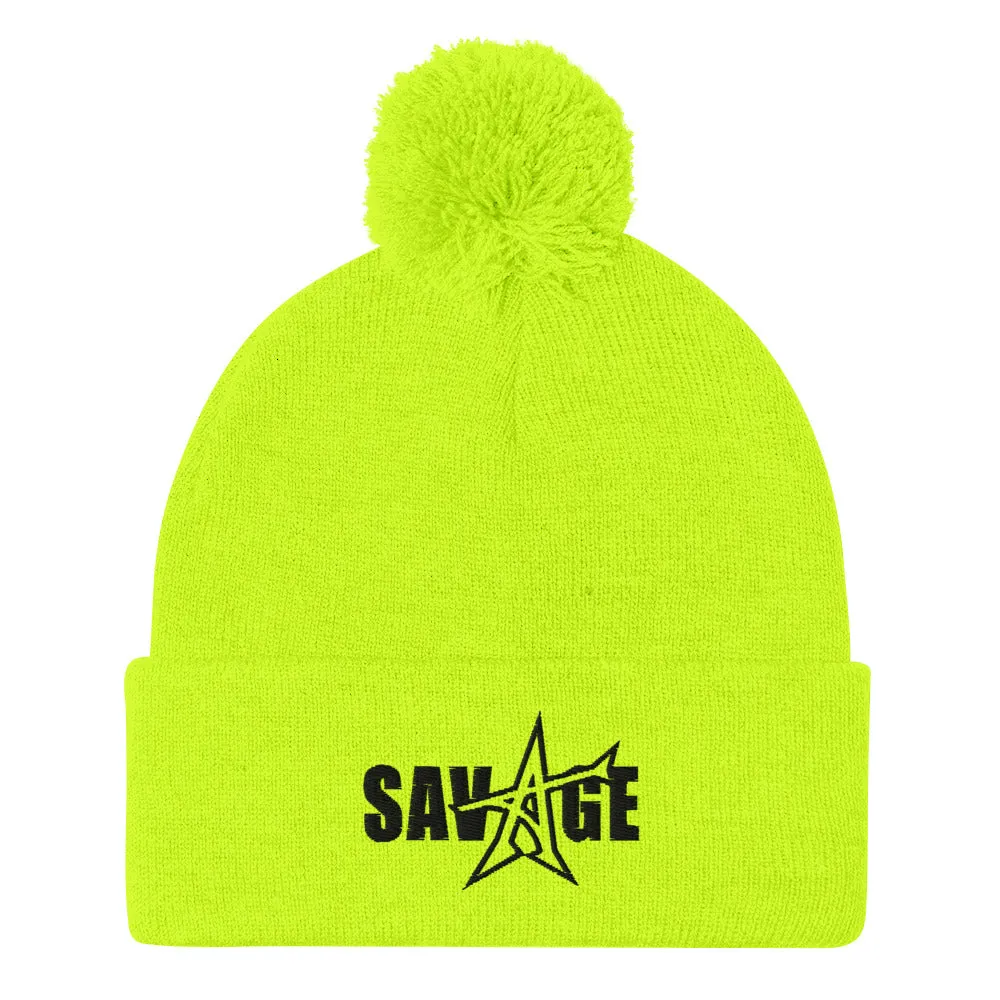 "SAVAGE" Pom-Pom Beanie (black stitch)