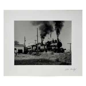 "Vintage Train Engine and Passenger Car" Photograph Signed on Mat