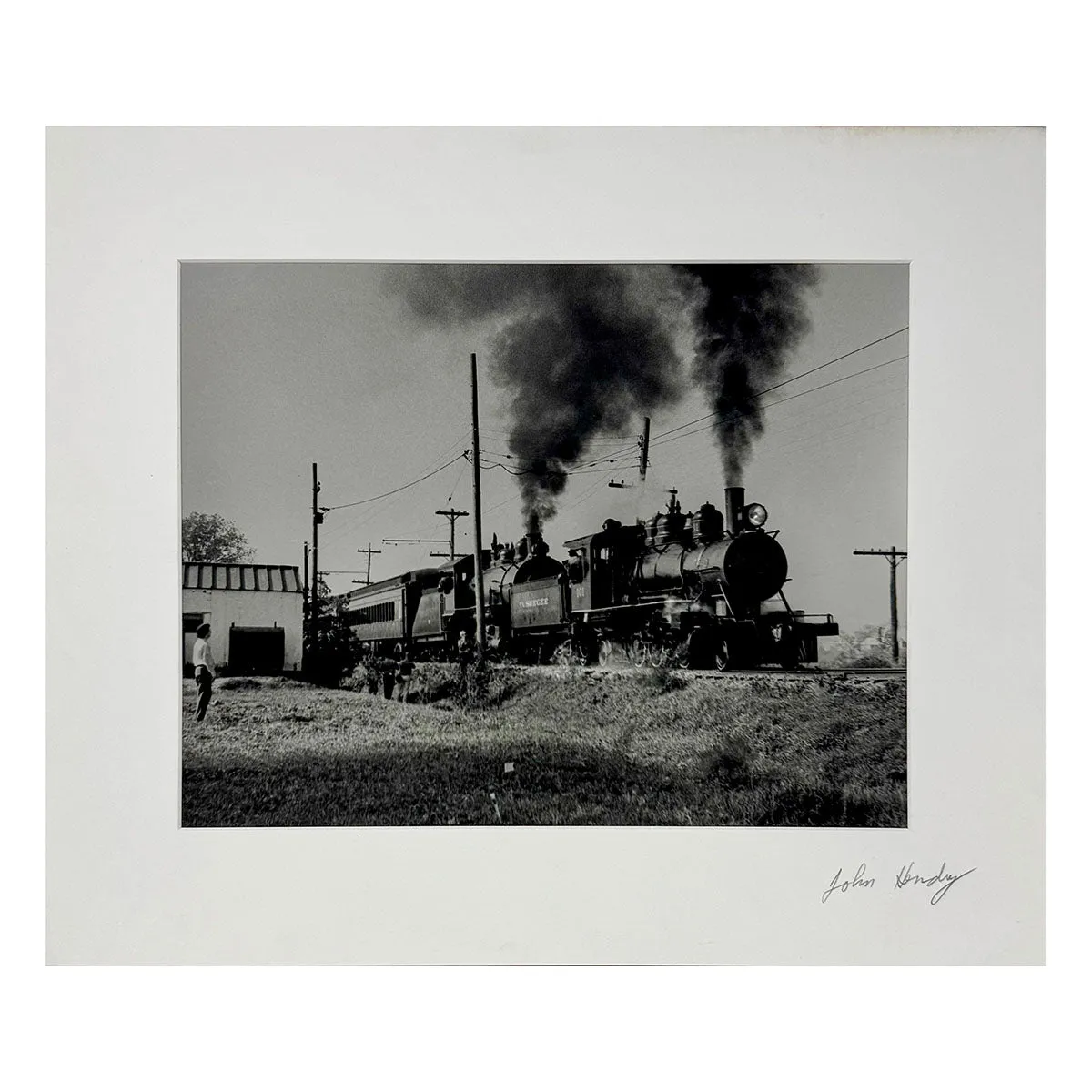 "Vintage Train Engine and Passenger Car" Photograph Signed on Mat