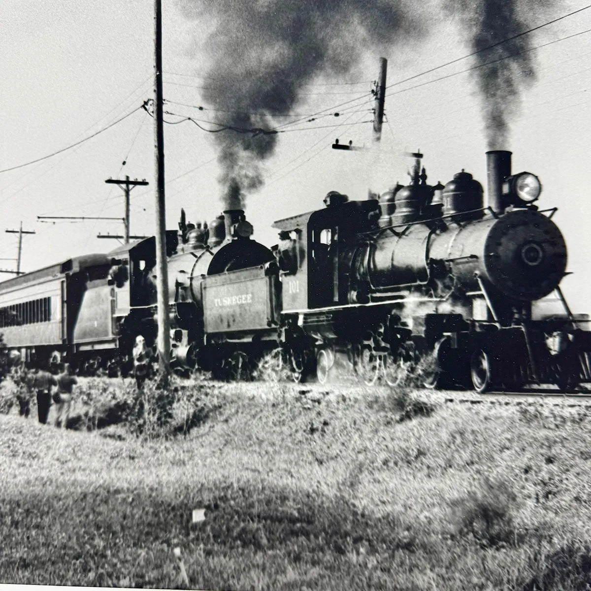 "Vintage Train Engine and Passenger Car" Photograph Signed on Mat
