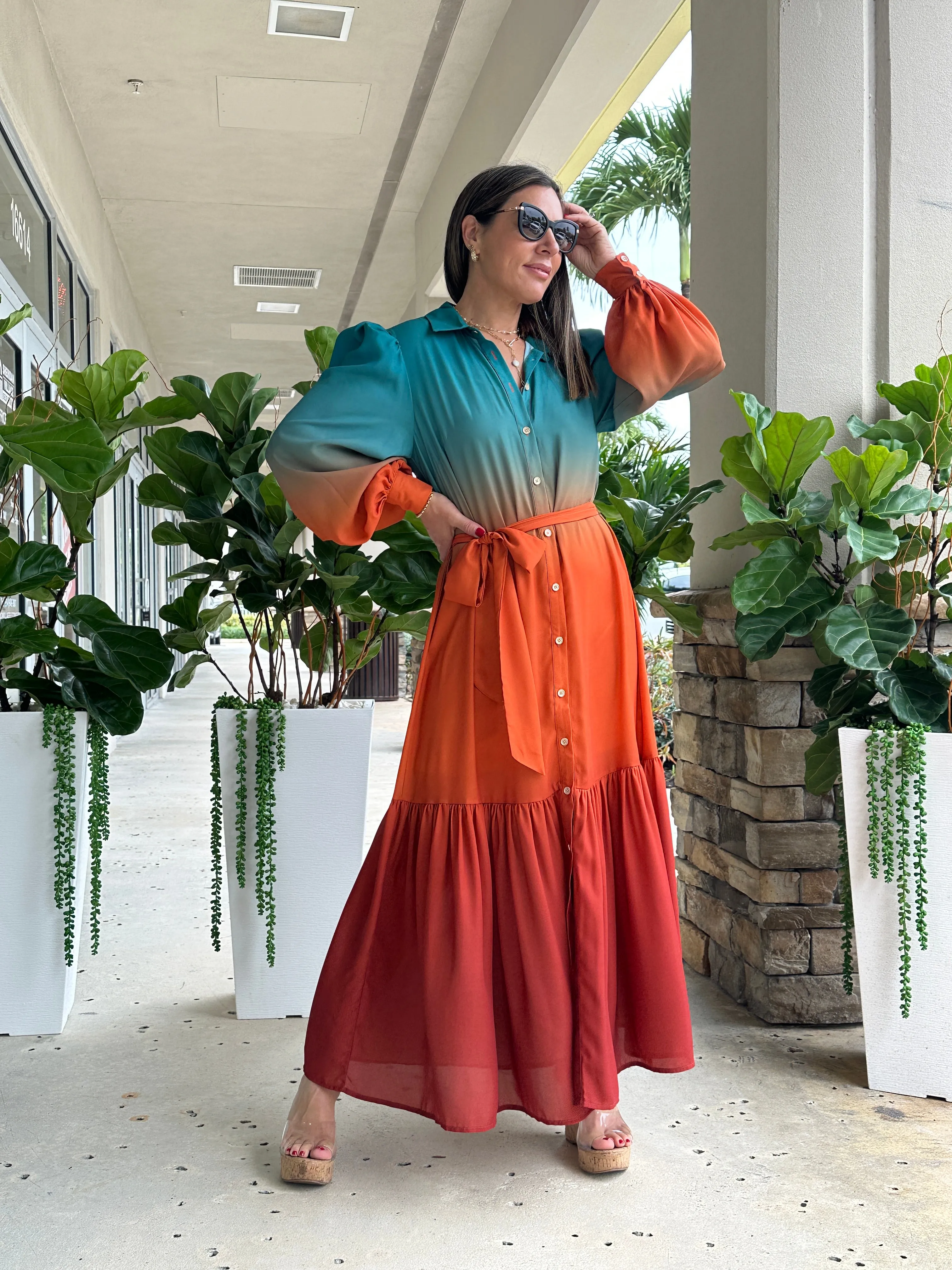 "Zai" Printed Midi Dress Featuring Shirt Collar , Button Down , Long Sleeve.