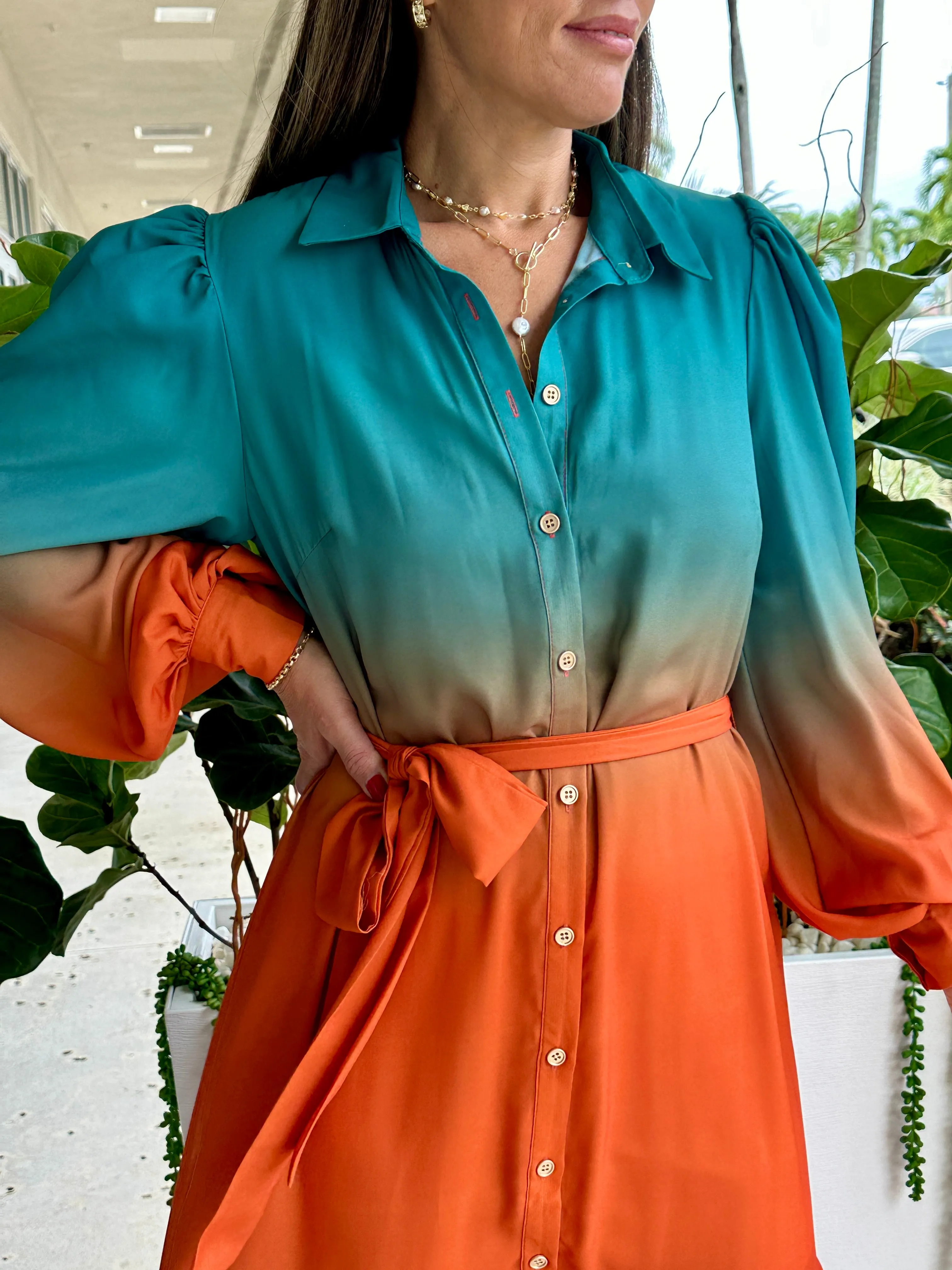 "Zai" Printed Midi Dress Featuring Shirt Collar , Button Down , Long Sleeve.
