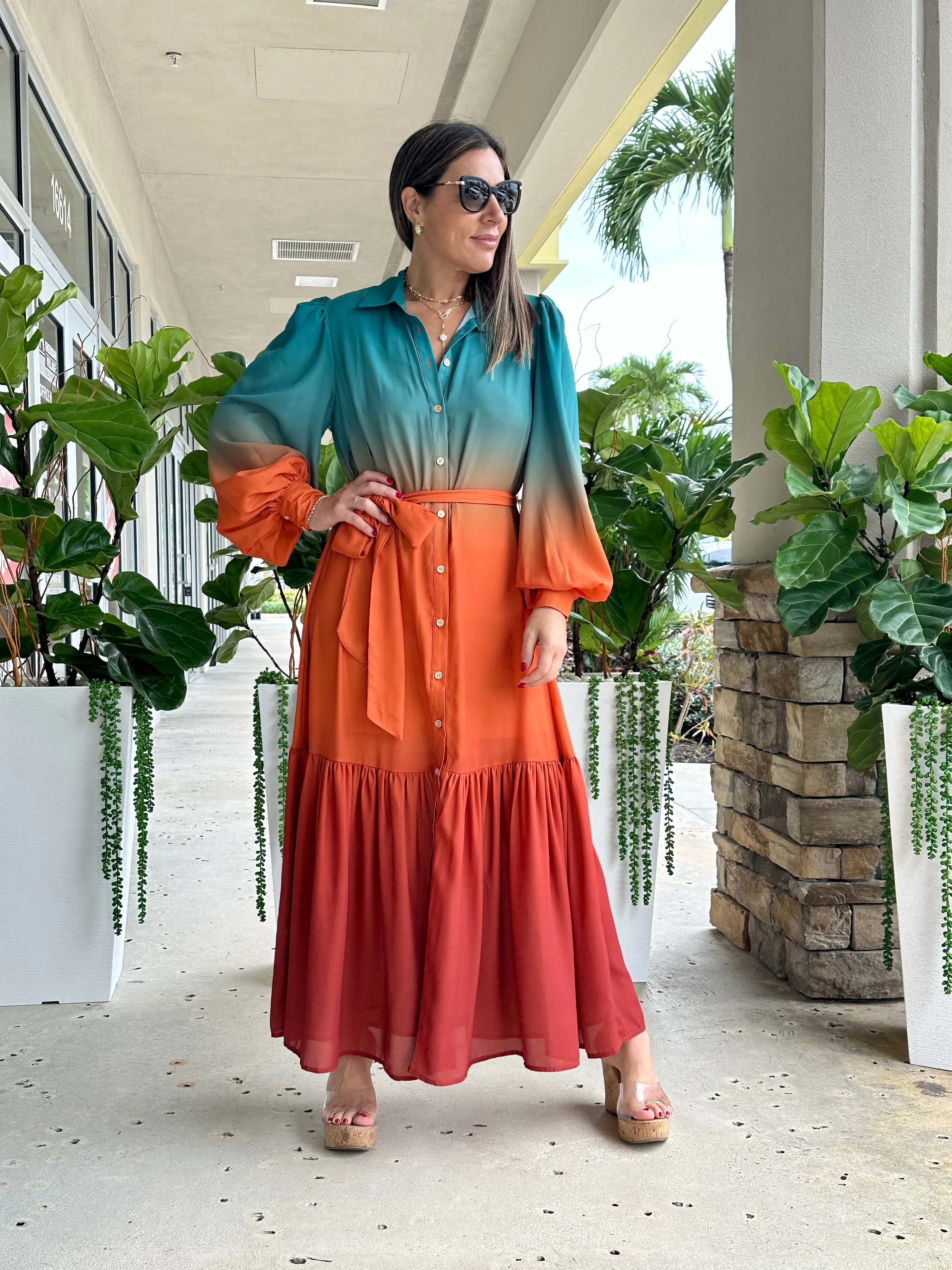 "Zai" Printed Midi Dress Featuring Shirt Collar , Button Down , Long Sleeve.