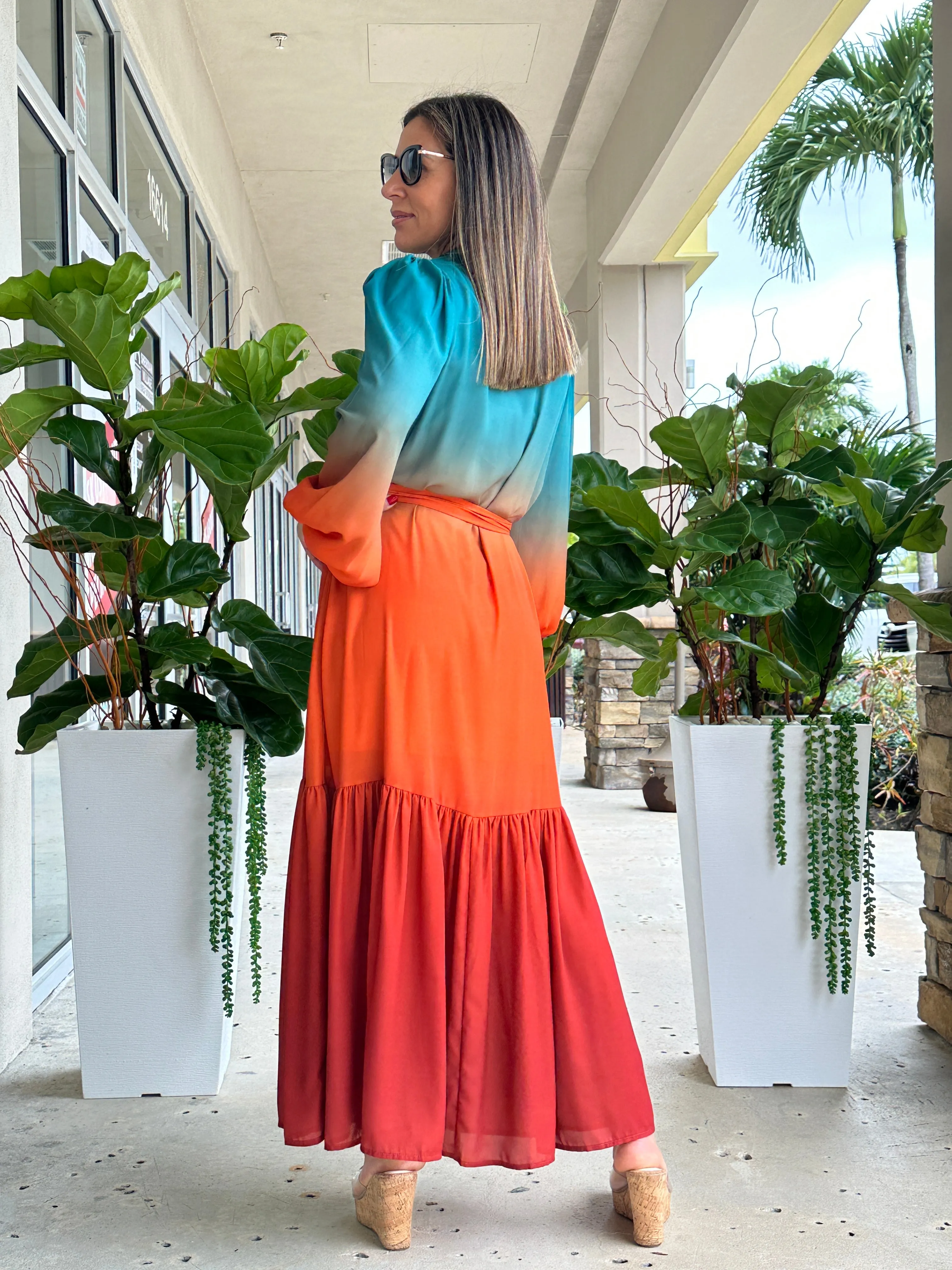 "Zai" Printed Midi Dress Featuring Shirt Collar , Button Down , Long Sleeve.