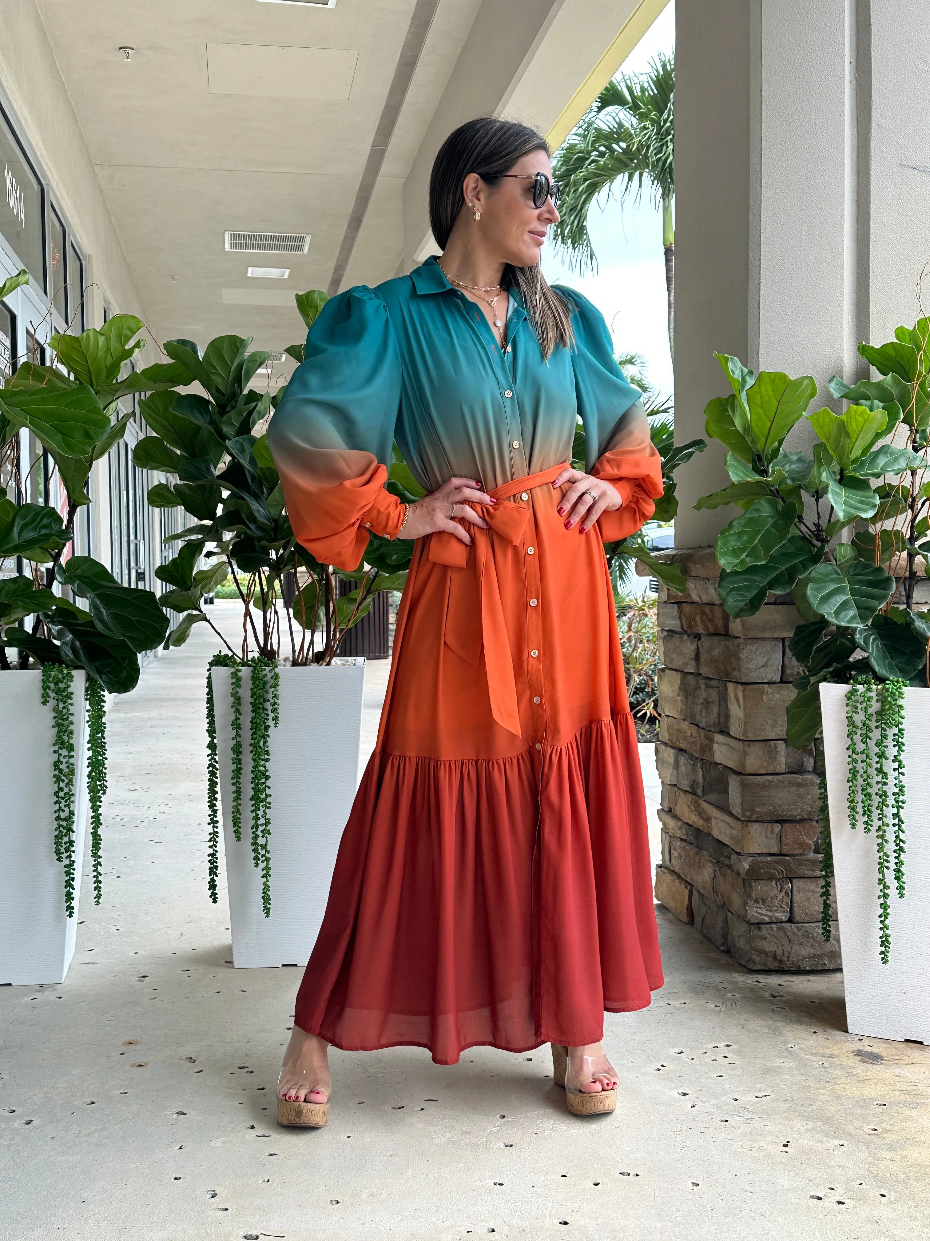 "Zai" Printed Midi Dress Featuring Shirt Collar , Button Down , Long Sleeve.