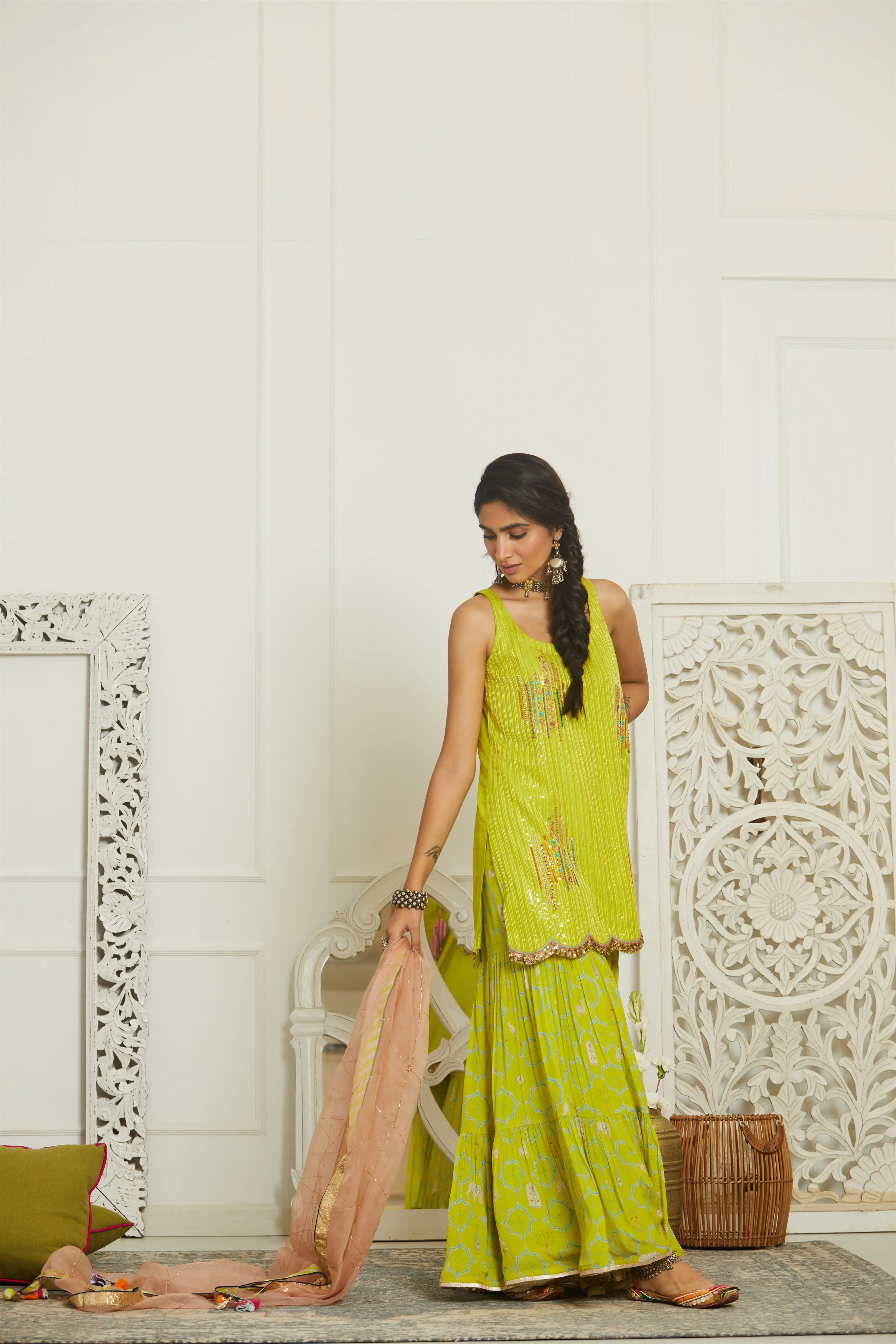 Raji Ramniq Mehezebeen Collection Lime Nude Pink Sequin Kurta Gharara Dupatta Mb-116