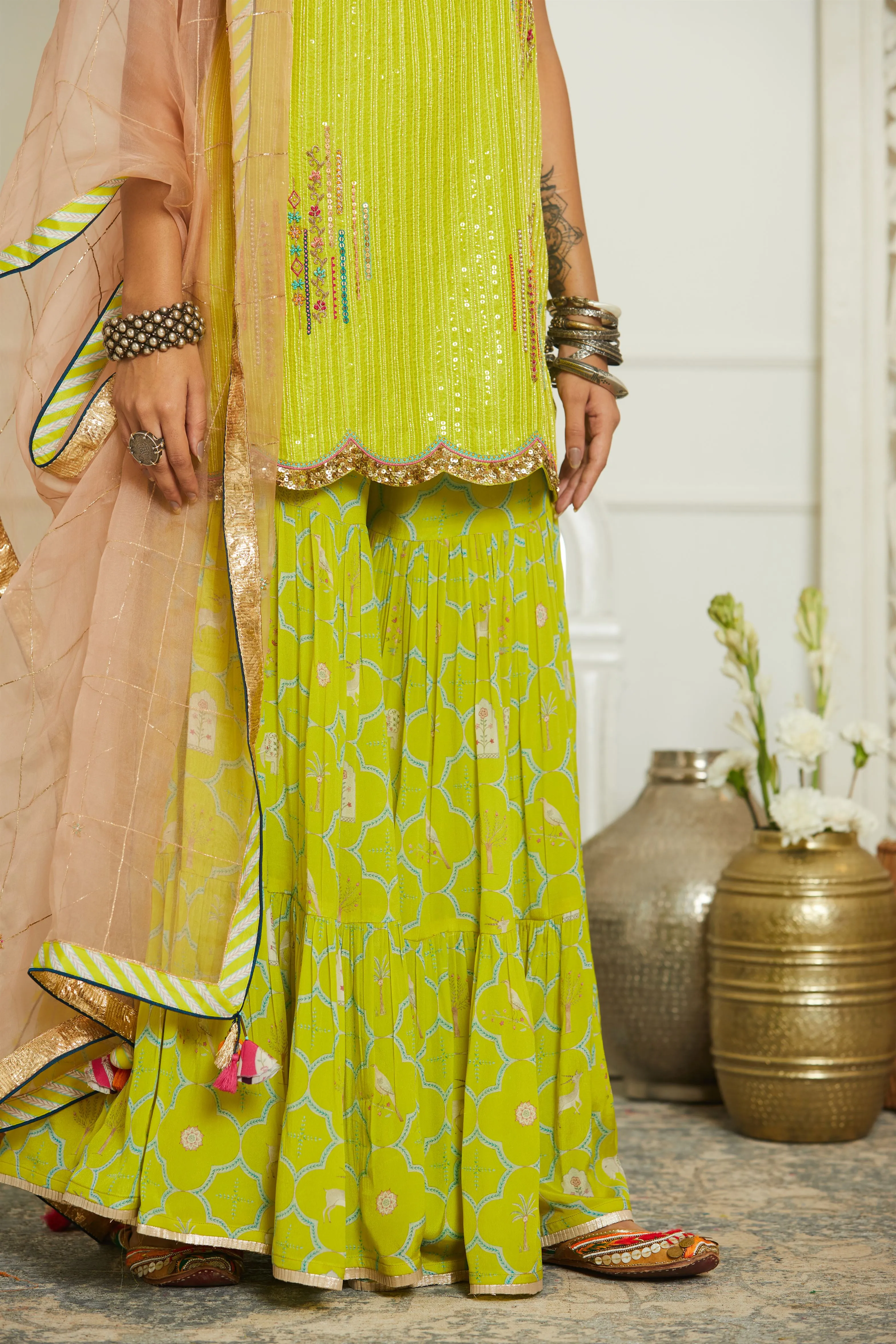 Raji Ramniq Mehezebeen Collection Lime Nude Pink Sequin Kurta Gharara Dupatta Mb-116