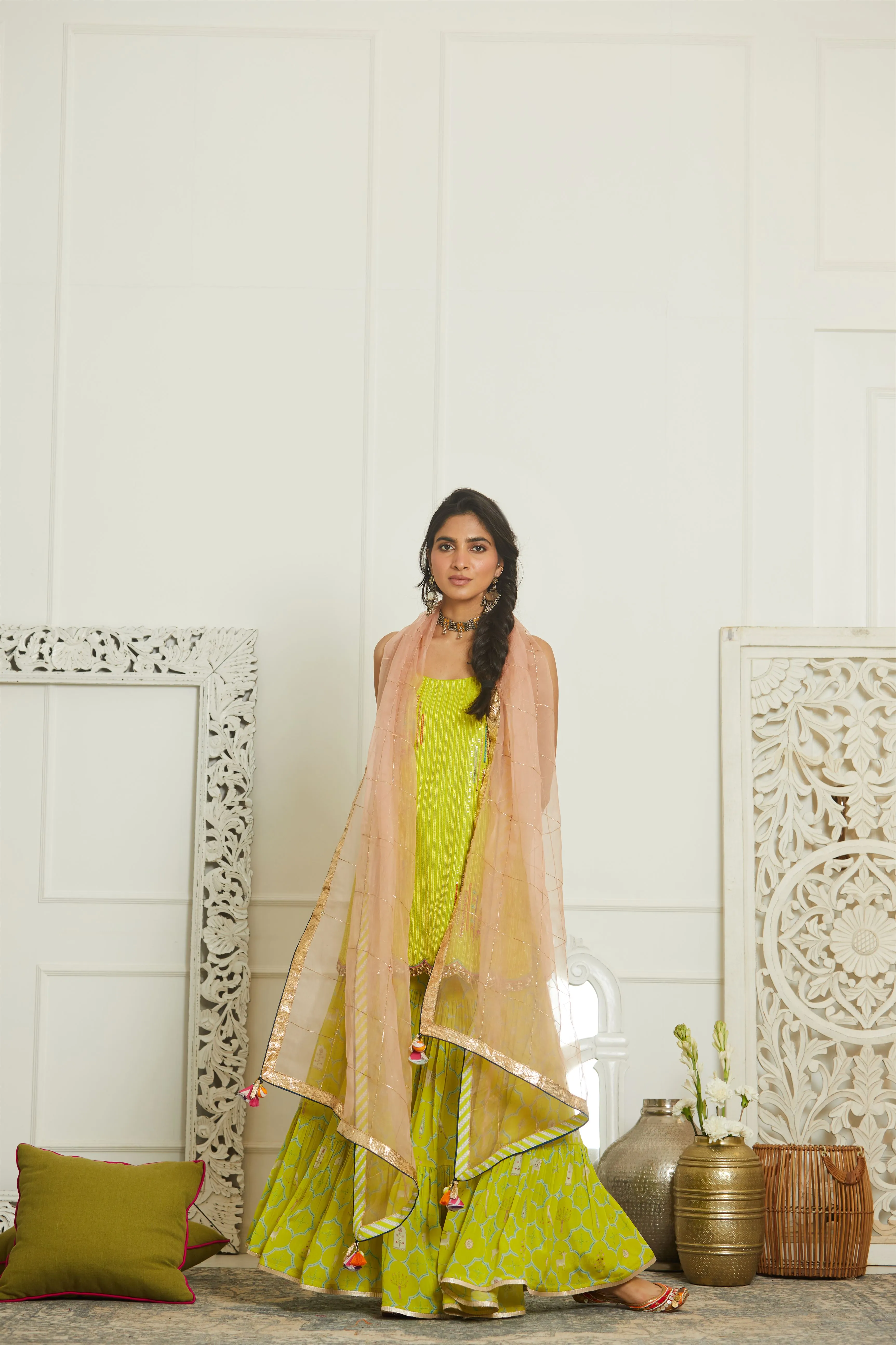Raji Ramniq Mehezebeen Collection Lime Nude Pink Sequin Kurta Gharara Dupatta Mb-116