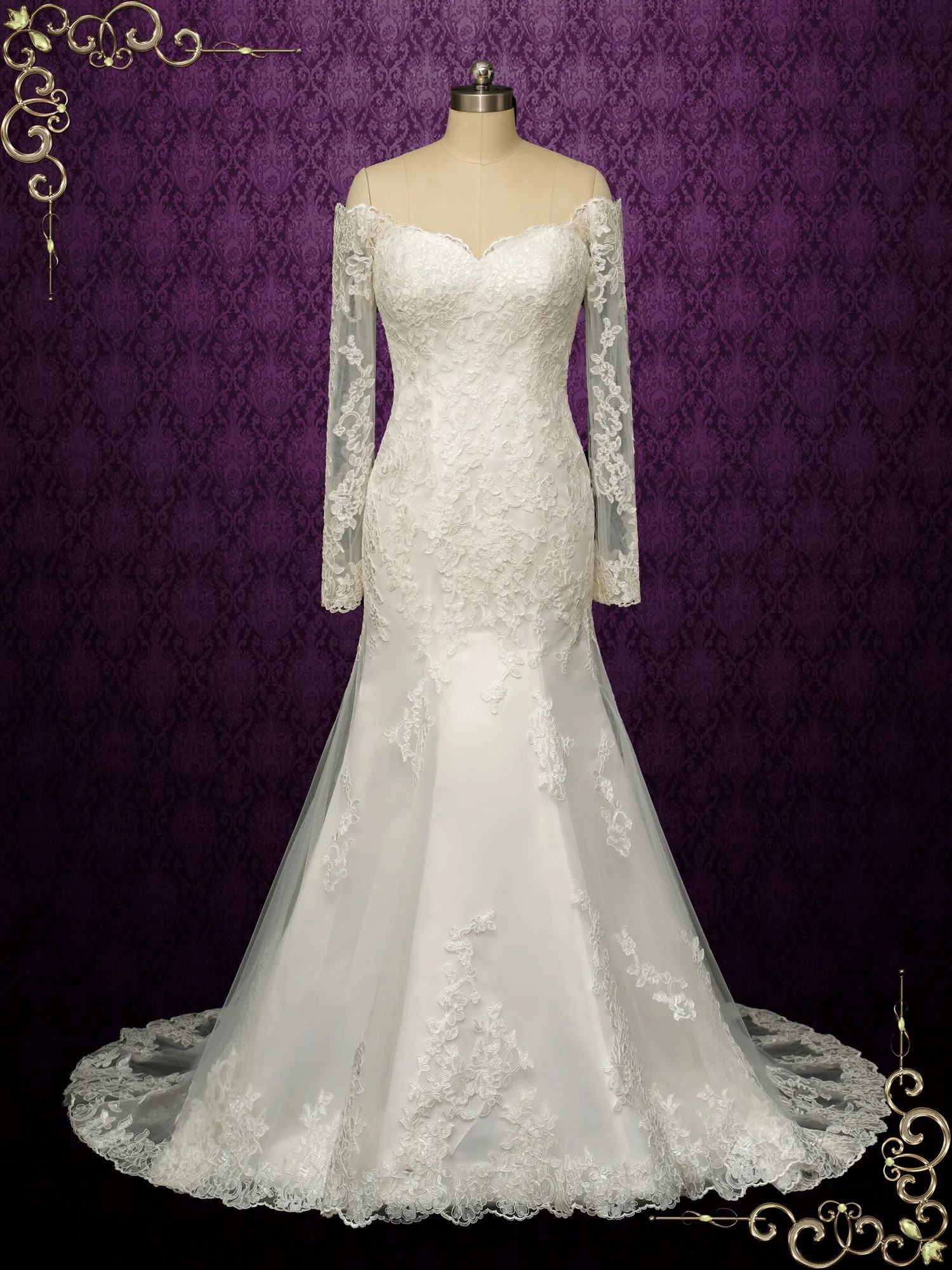 Ready to Wear Ivory Lace Mermaid Wedding Dress with Off Shoulder Sleeves MEG