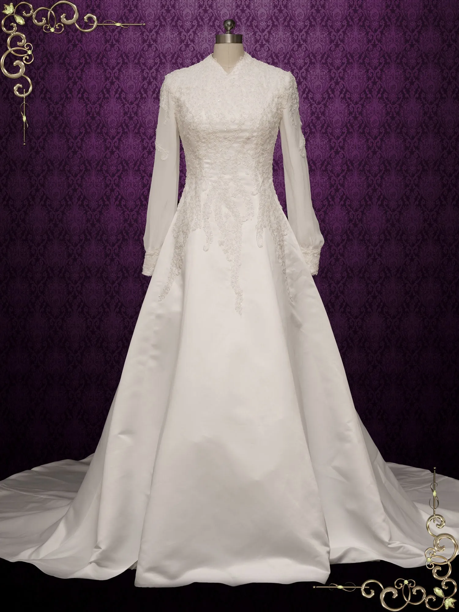 Ready to Wear Modest Vintage Lace Wedding Dress with Long Sleeves SHALINA