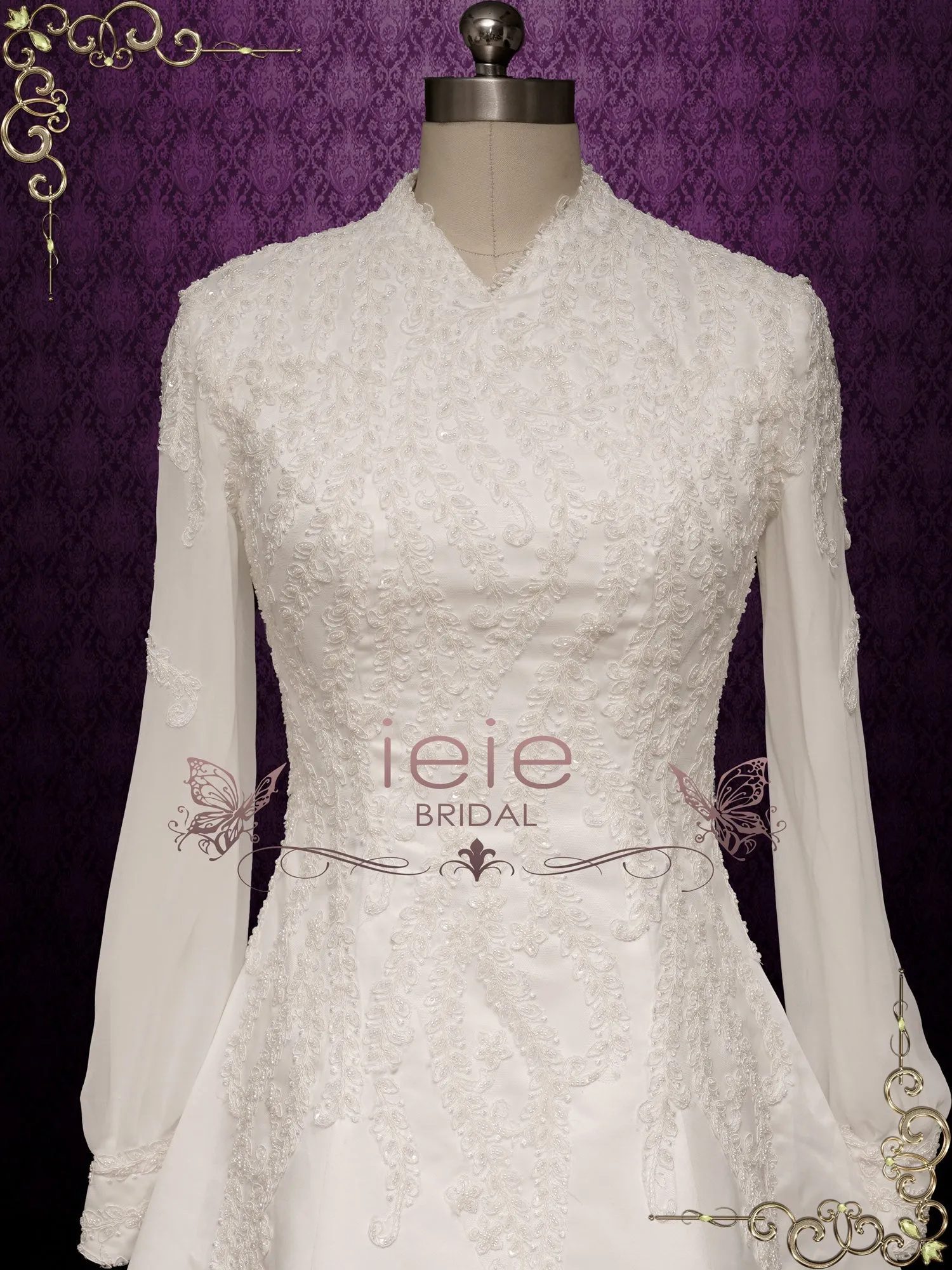 Ready to Wear Modest Vintage Lace Wedding Dress with Long Sleeves SHALINA