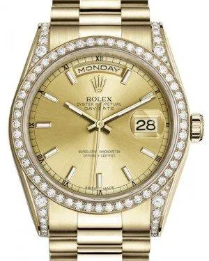 Rolex Day-Date 36 Yellow Gold Champagne Index Dial & Diamond Set Case & Bezel President Bracelet 118388