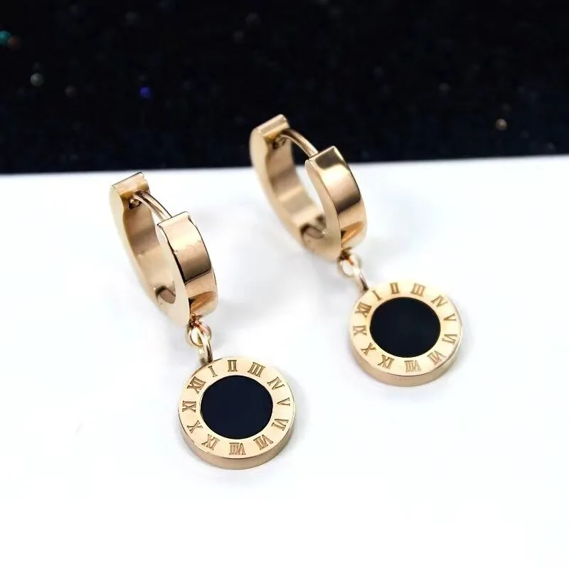 Roman Numeral Stainless Steel Women's Hoop Earrings in Rose Gold - Elegant Collier Femme Jewelry for Females