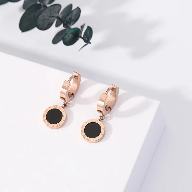 Roman Numeral Stainless Steel Women's Hoop Earrings in Rose Gold - Elegant Collier Femme Jewelry for Females