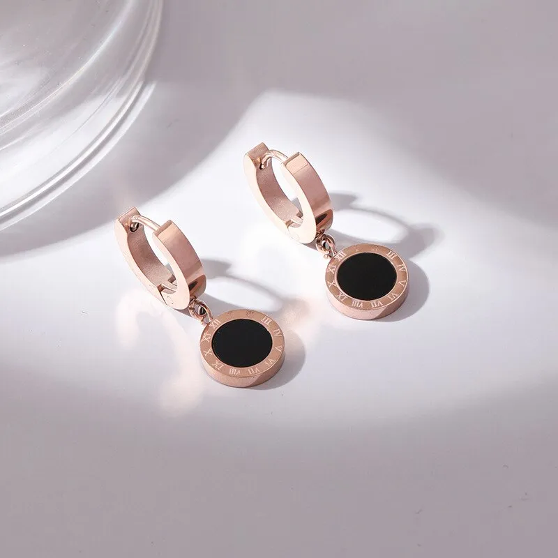 Roman Numeral Stainless Steel Women's Hoop Earrings in Rose Gold - Elegant Collier Femme Jewelry for Females