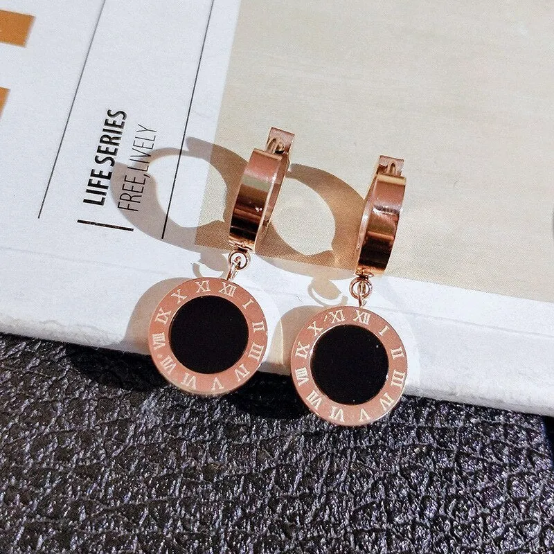 Roman Numeral Stainless Steel Women's Hoop Earrings in Rose Gold - Elegant Collier Femme Jewelry for Females