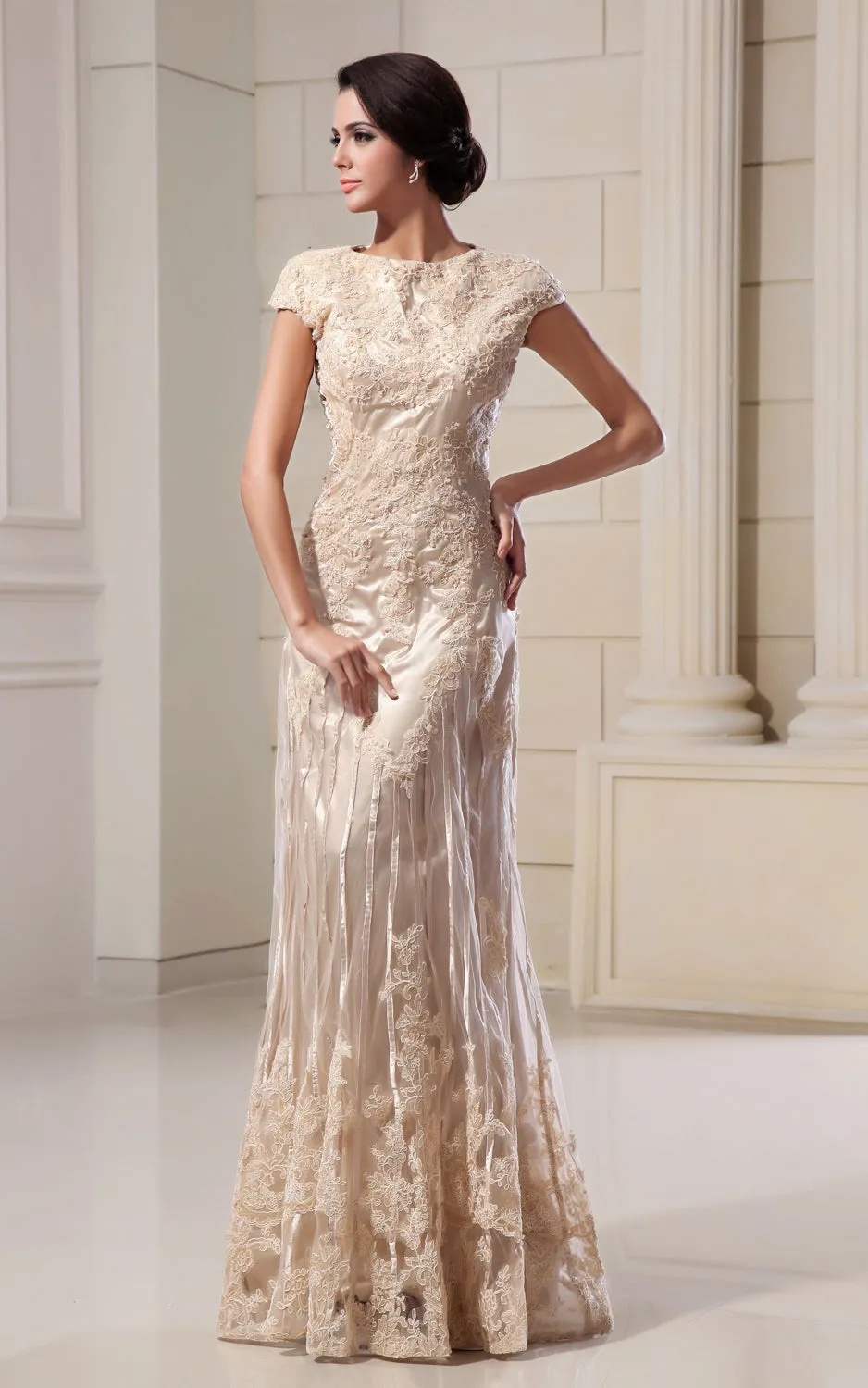 Romantic High-Neck Column Maxi Dress With Lace Appliques-GC_705174