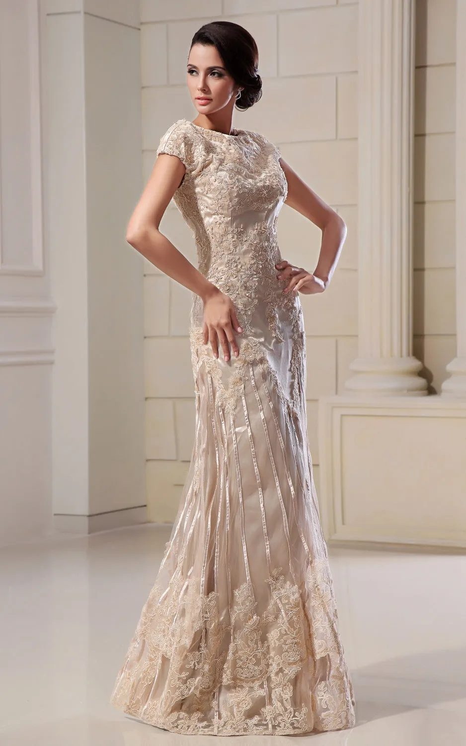 Romantic High-Neck Column Maxi Dress With Lace Appliques-GC_705174