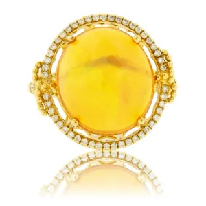 Round Cabochon Opal & Halo Intricate Ring